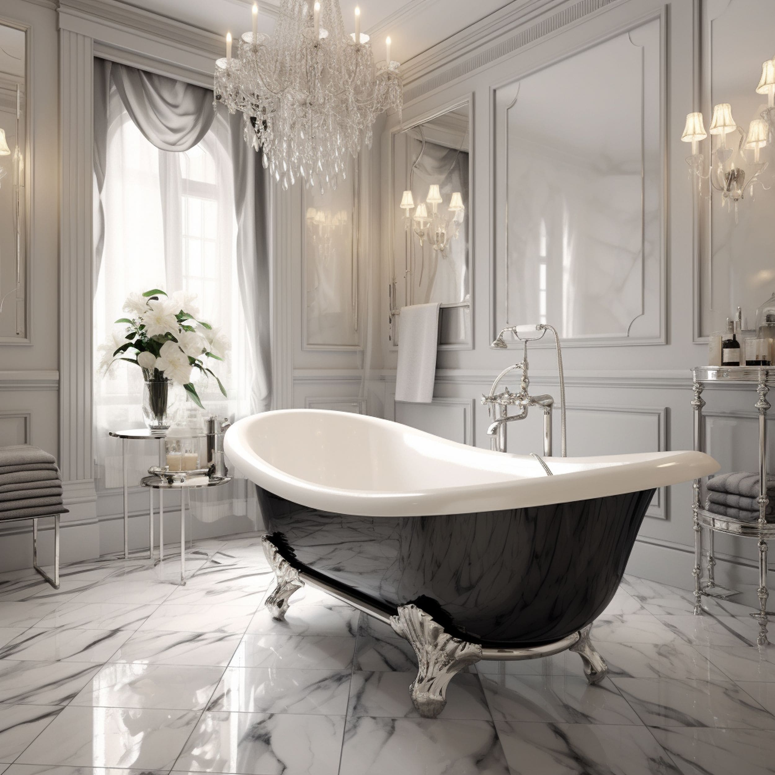 Cast Iron Bathtub in Luxurious Bathroom With Marble Flooring