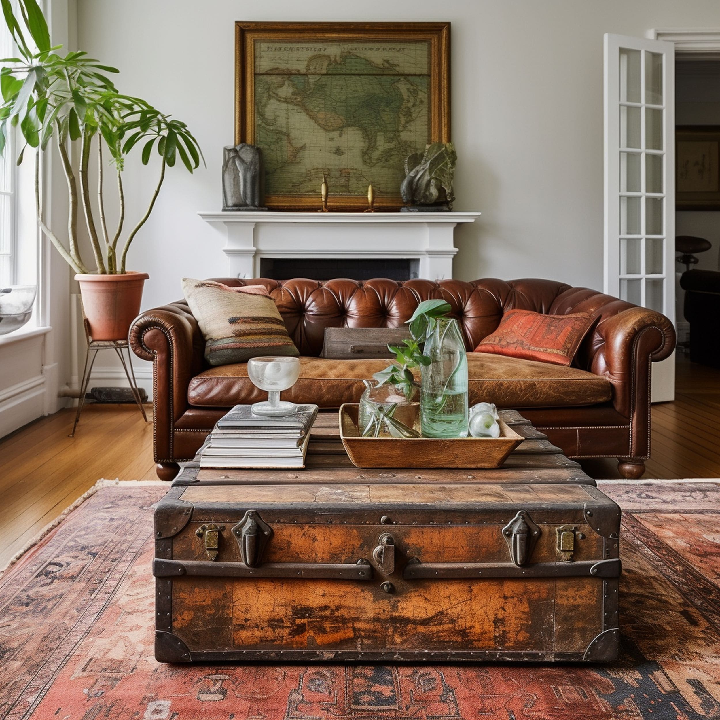 Living Room With Antique Trunk Used as Coffee Table