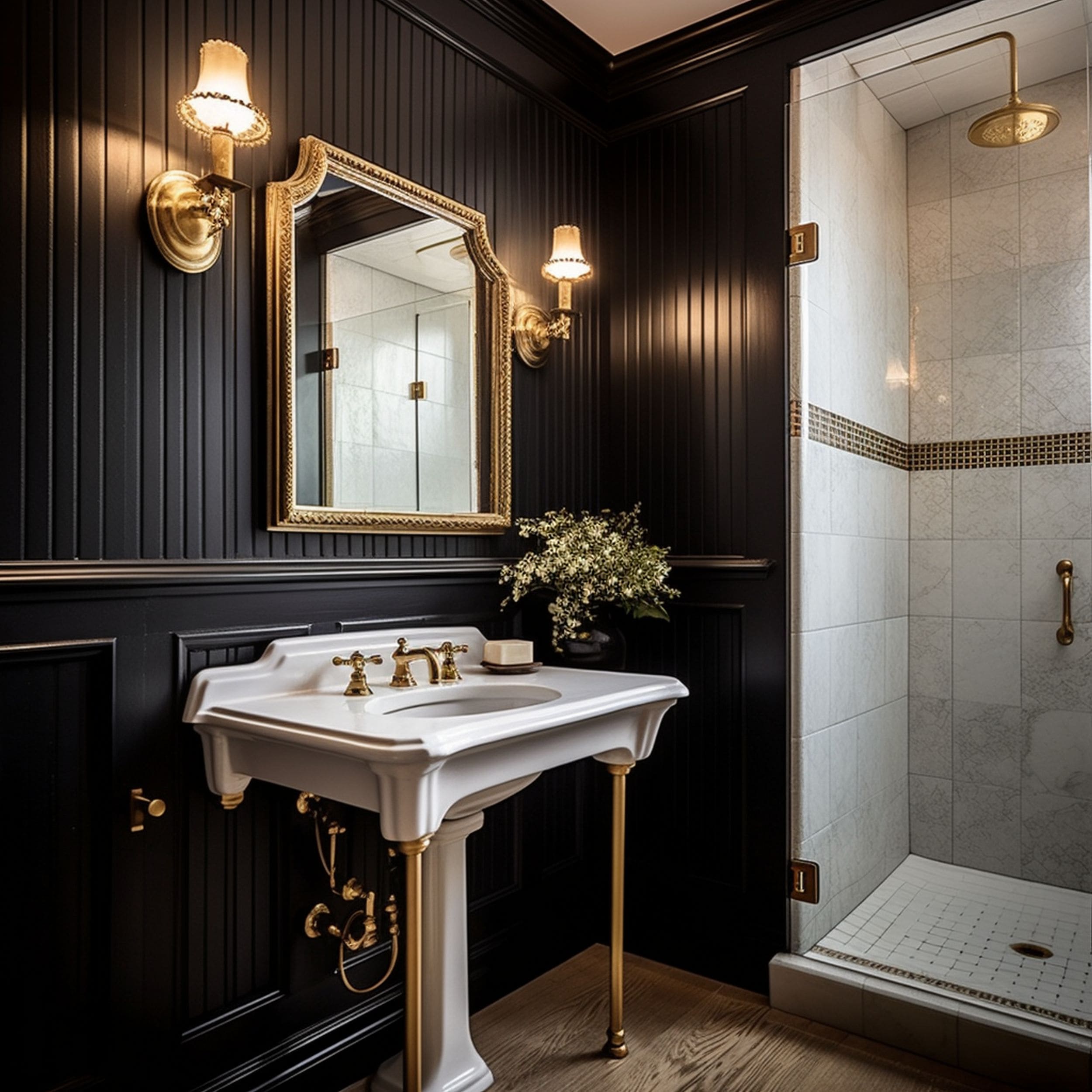 Dark Elegant Beadboard Bathroom With Gold Accents