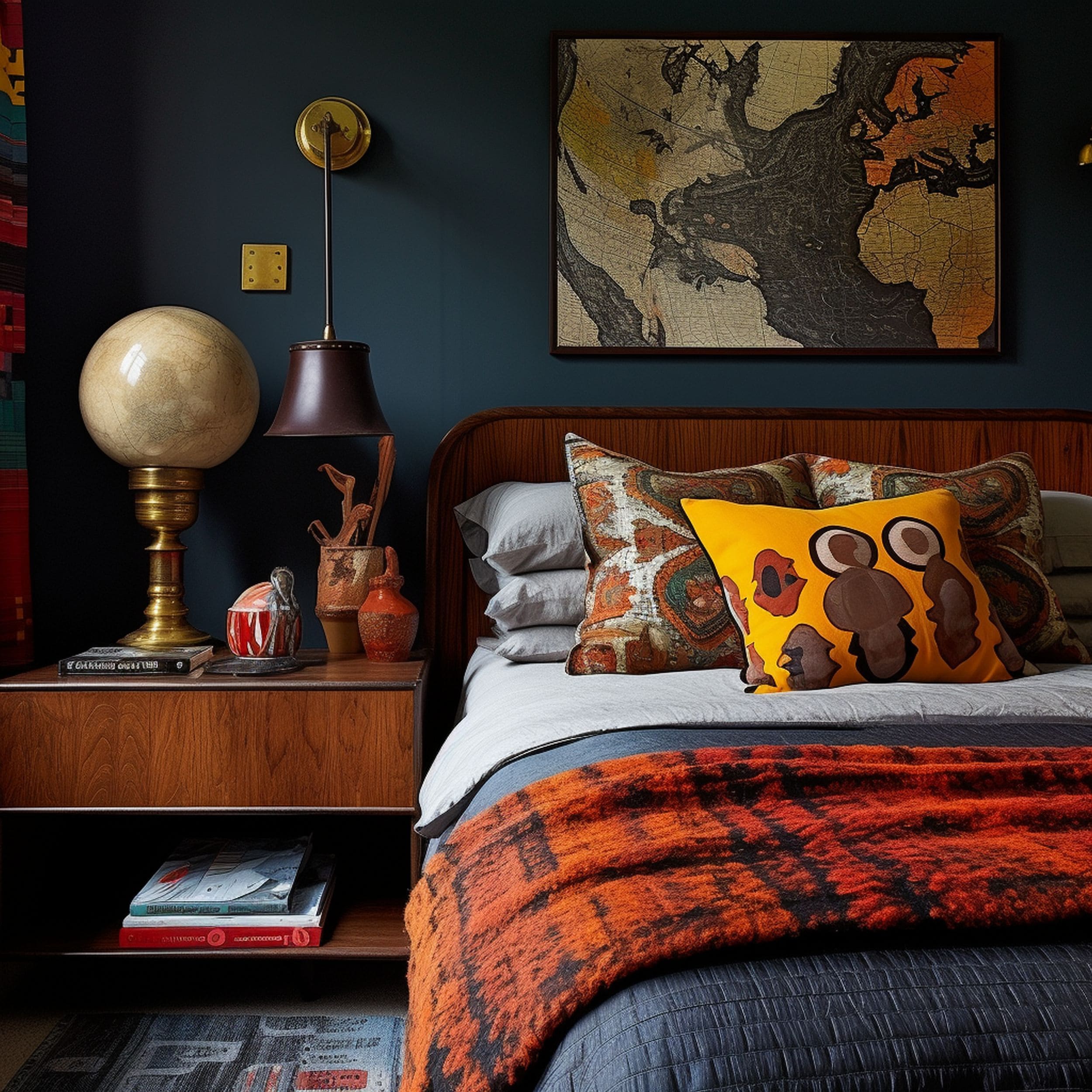 Eclectic Blue Bedroom With Brown Red and Yellow Accents