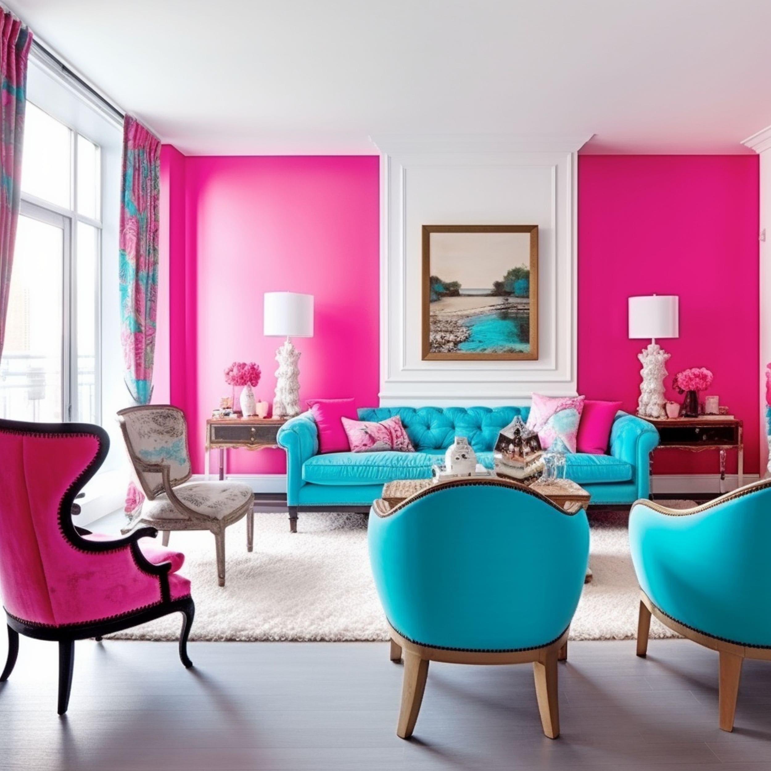 Pink and Turquoise Living Room
