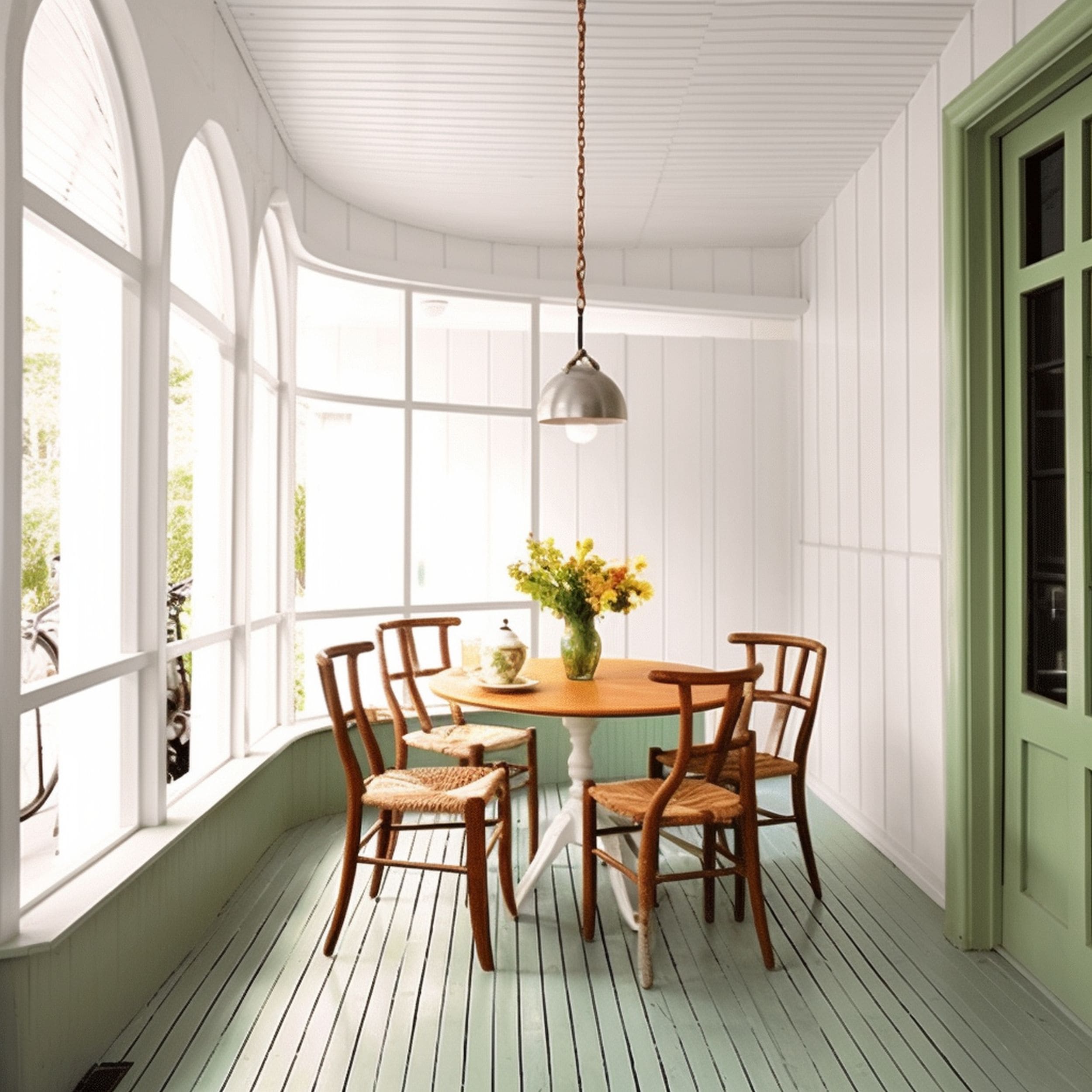Sage Green Painted Flooring in Breakfast Nook