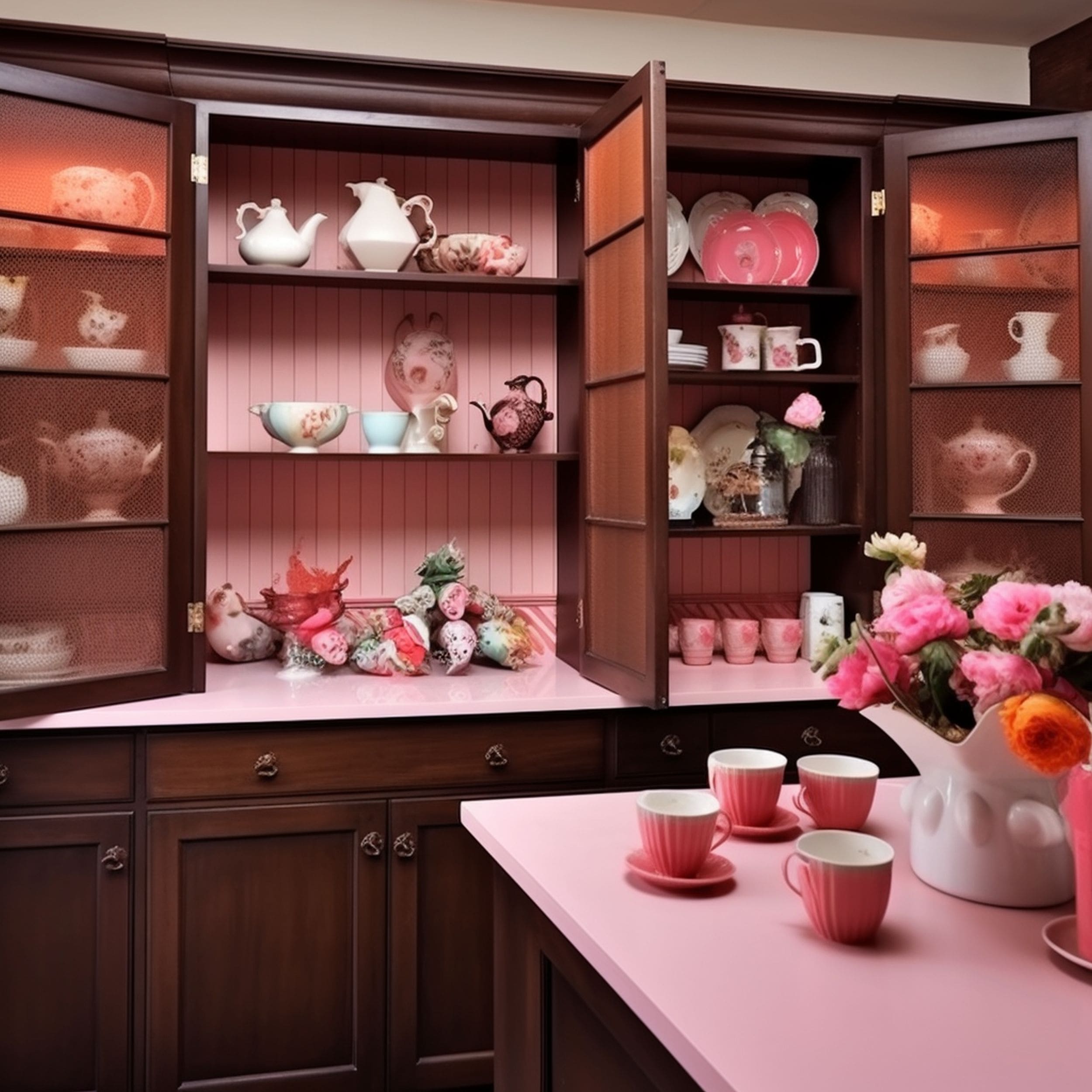 Brown Cabinet With Pink Backing