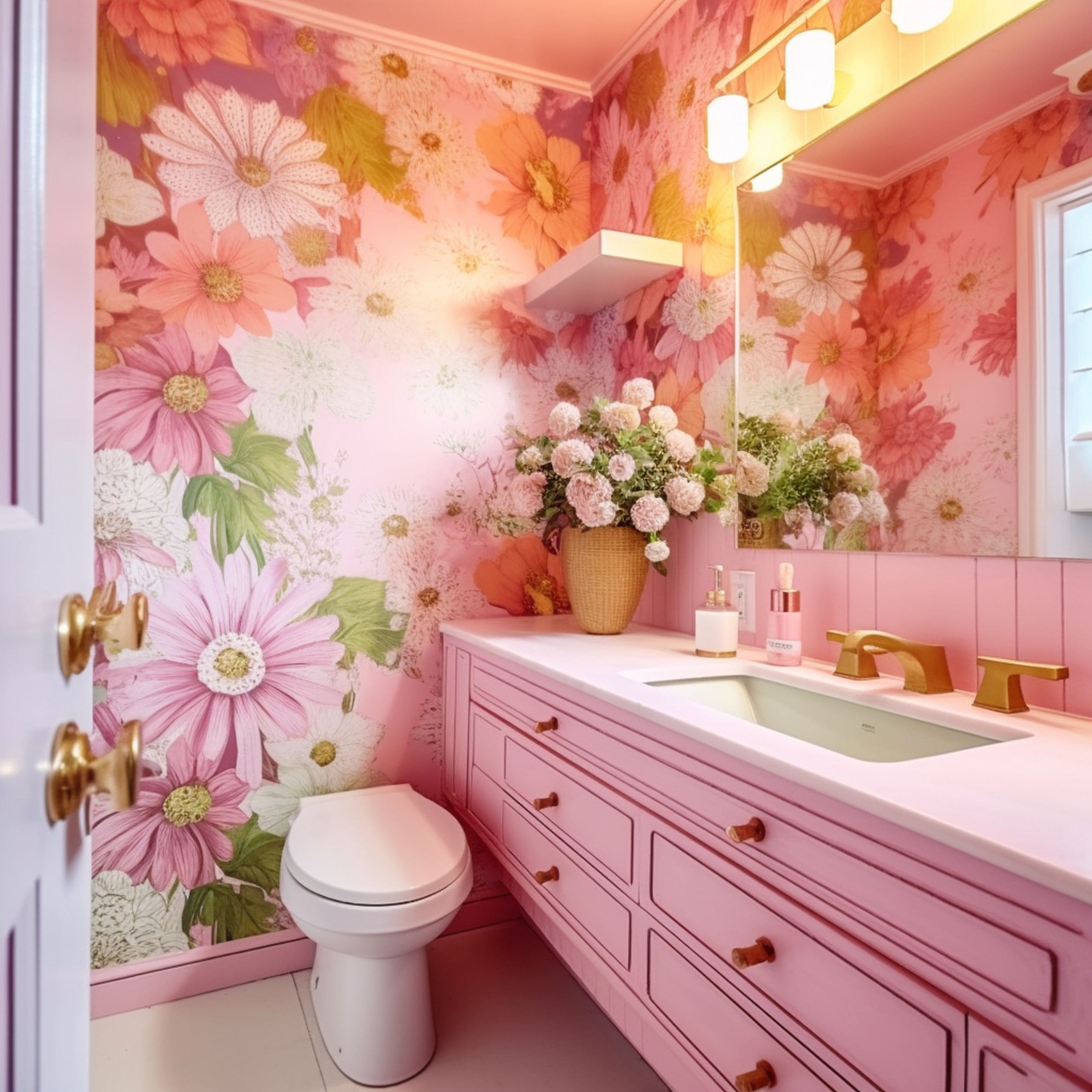 Pink Bathroom With Floral Wallpaper