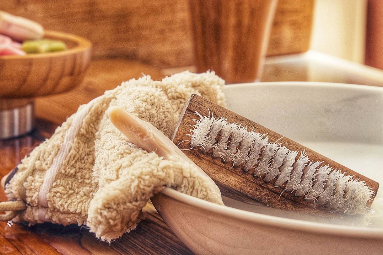 Soap and Water Liquid With Brush and Towel