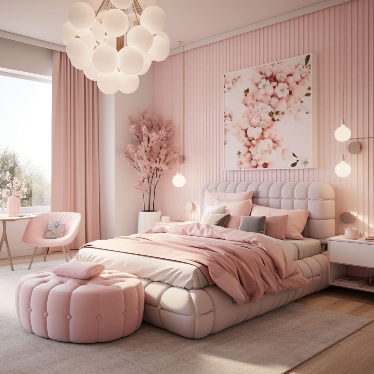 Pale Pink Bedroom With Pendant Lights