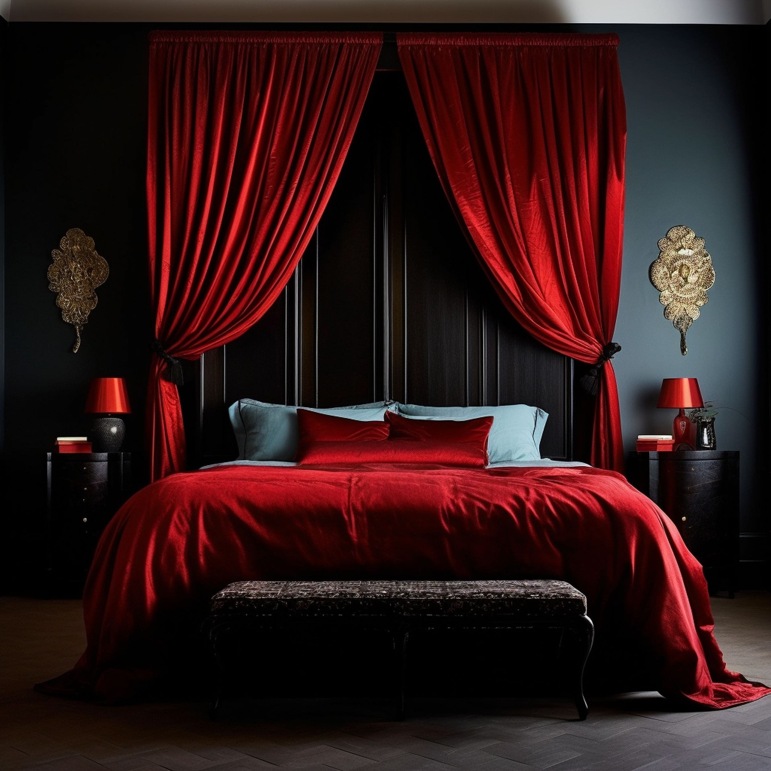 Elegant Bed With Velvet Red Curtains