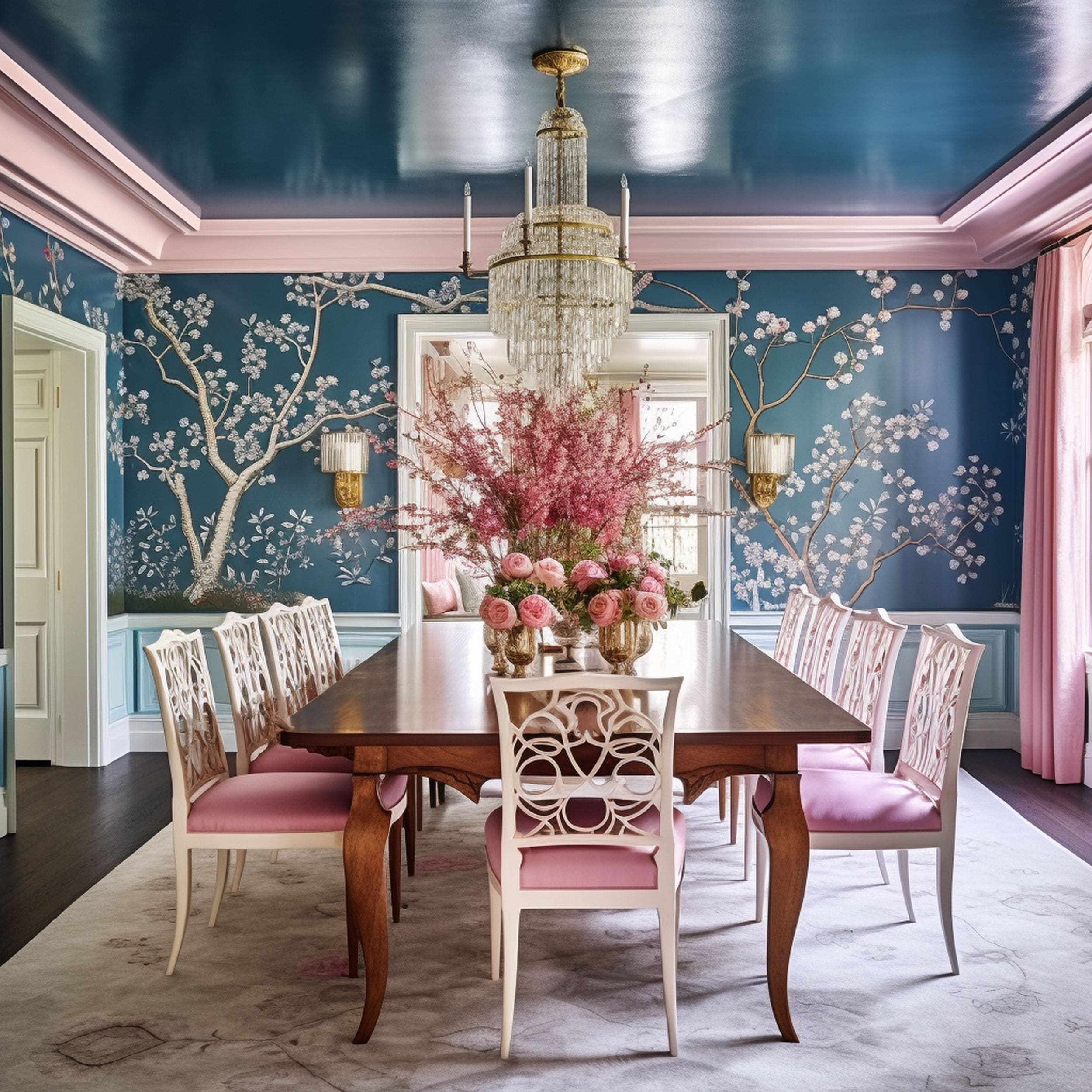 Regencycore Dining Room With Painted Ceiling and Floral Wallpaper