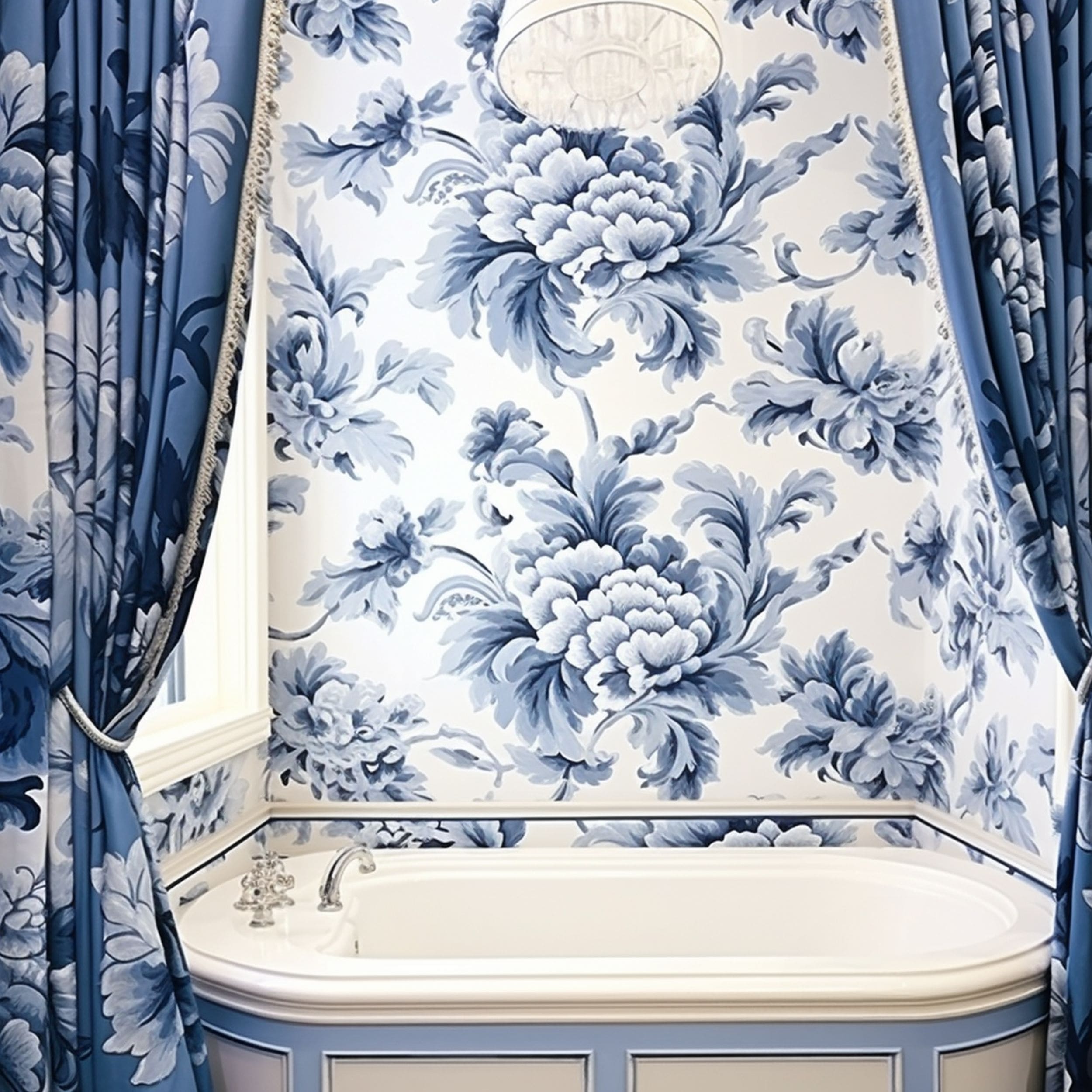 Blue Floral Patterns in Regencycore Bathroom