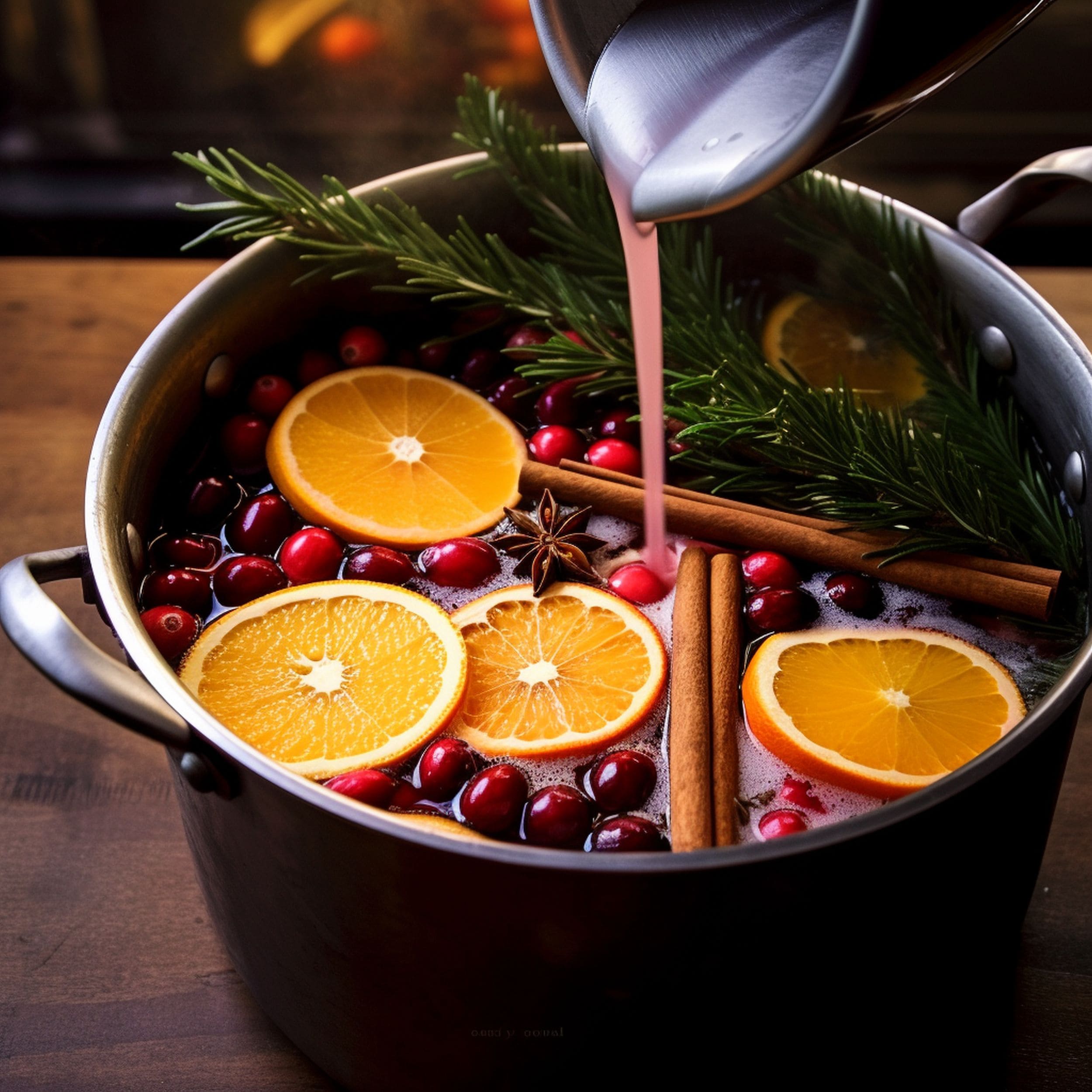 Christmas Pot With Cranberries Orange Slices and Various Spices