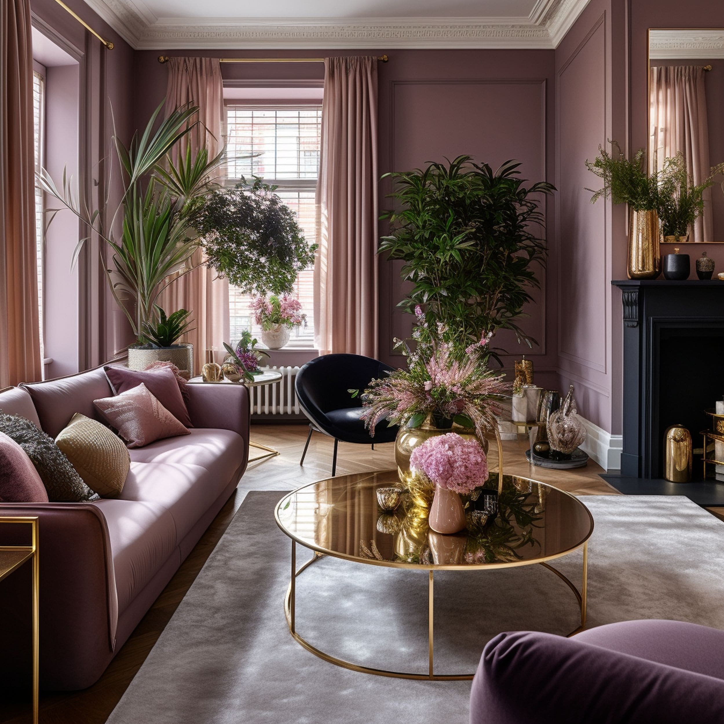 Mauve Living Room With Houseplants