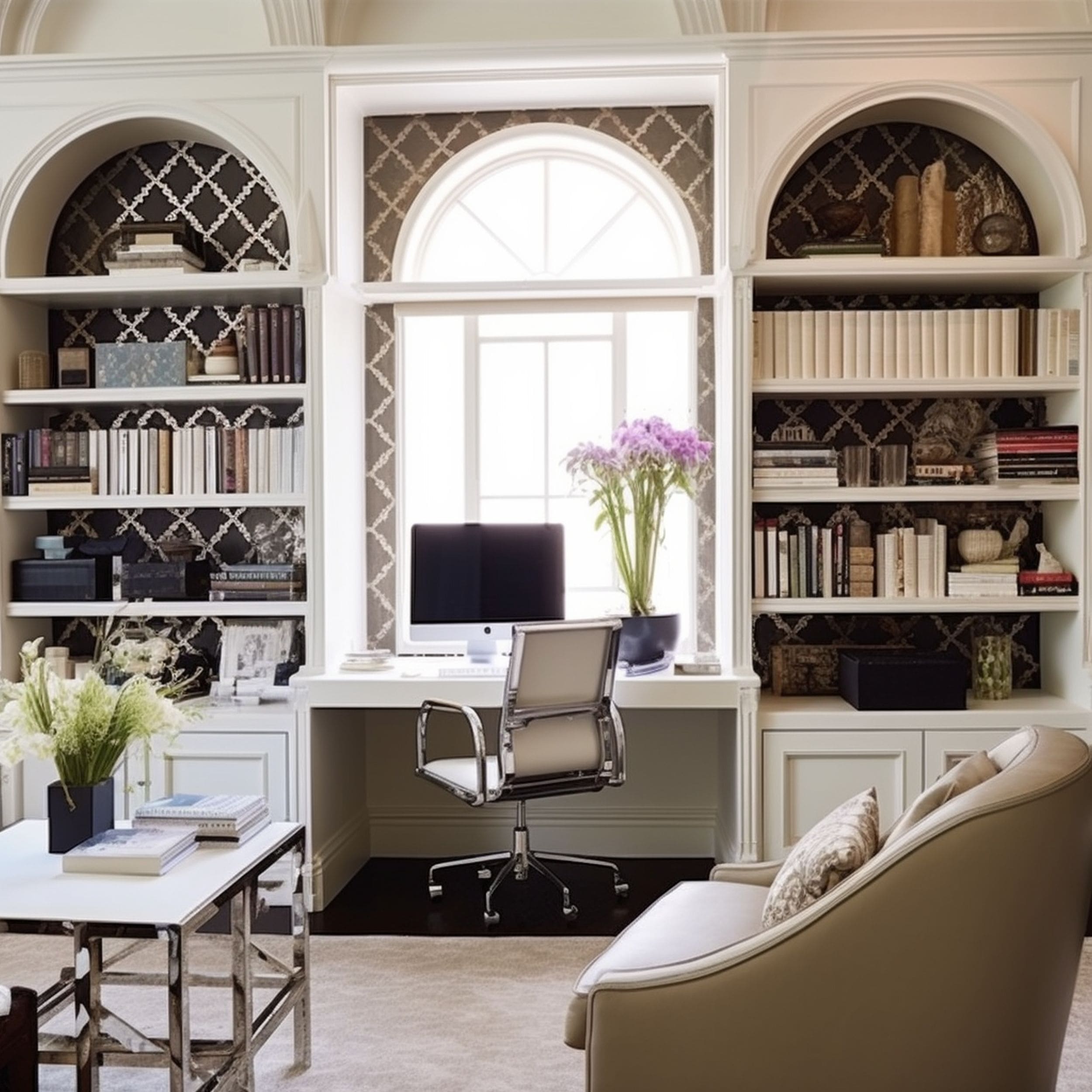 Arched Bookcases With Patterned Background