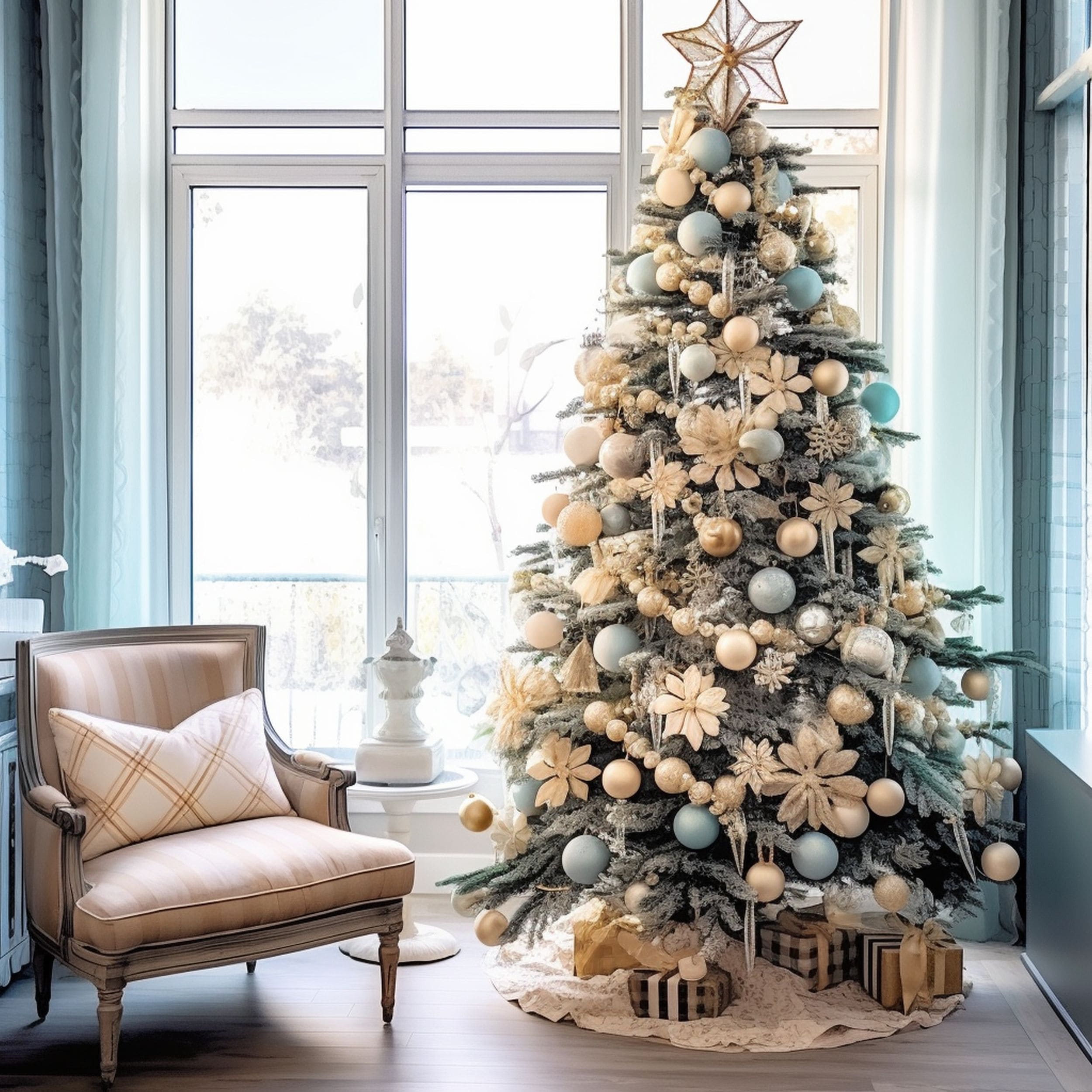 Christmas Tree Decorated With Light Blue and Cream Globes