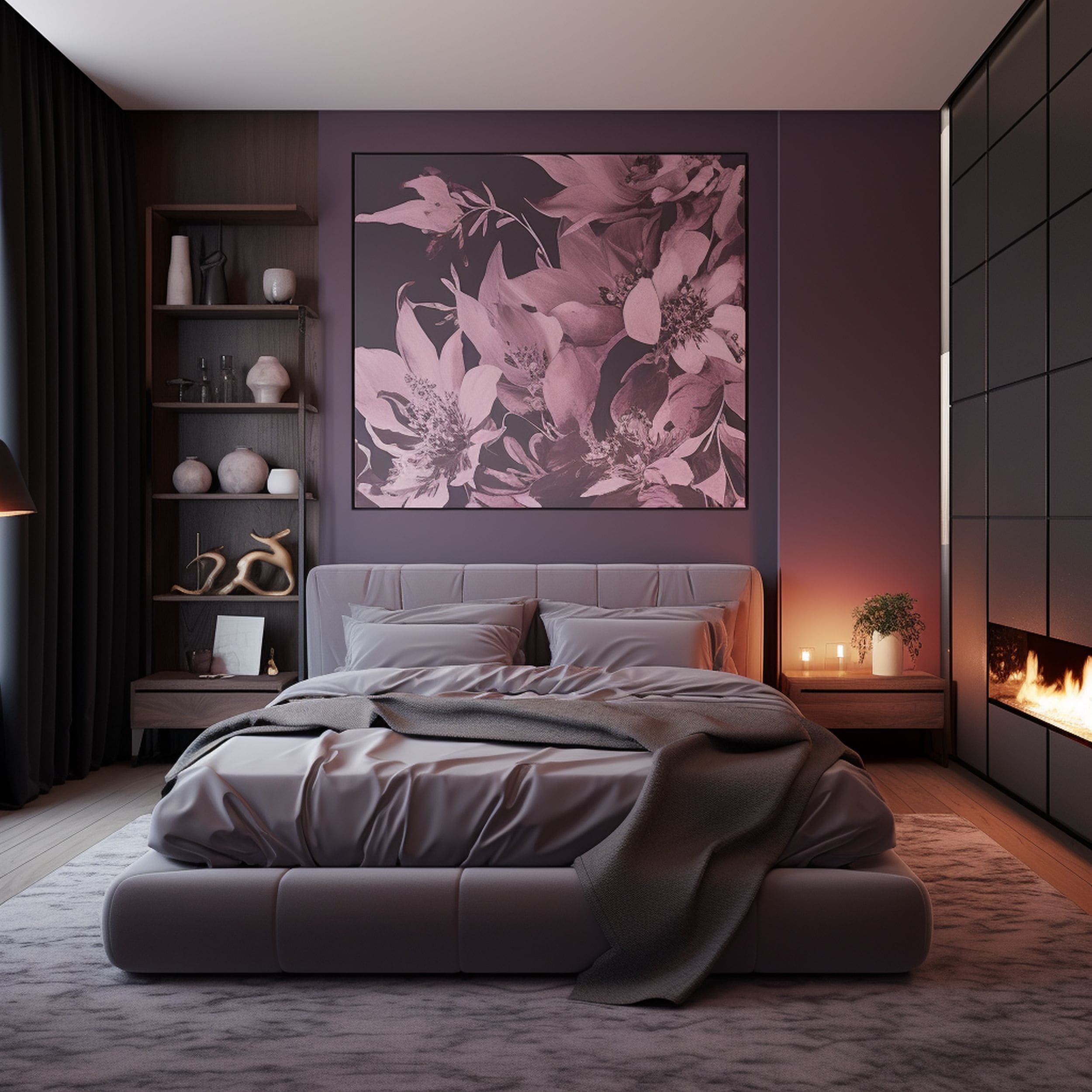 Stylish Bedroom With Dark Mauve Accent Wall