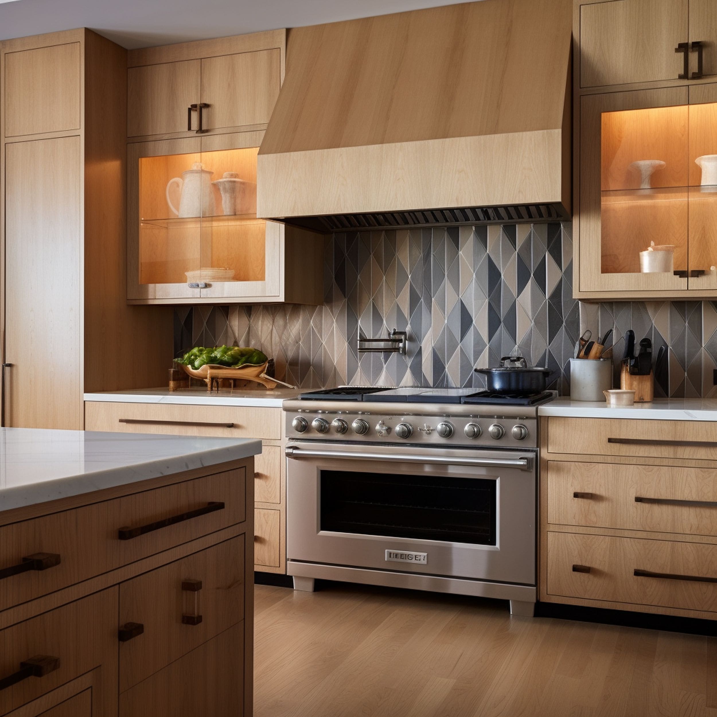Kitchen With Oak Cabinets And Geometric Backsplash