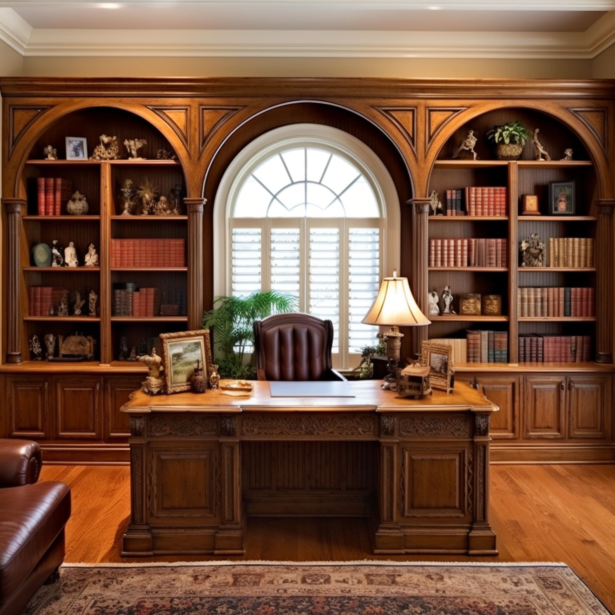 Traditional Home Office With Arched Bookcases