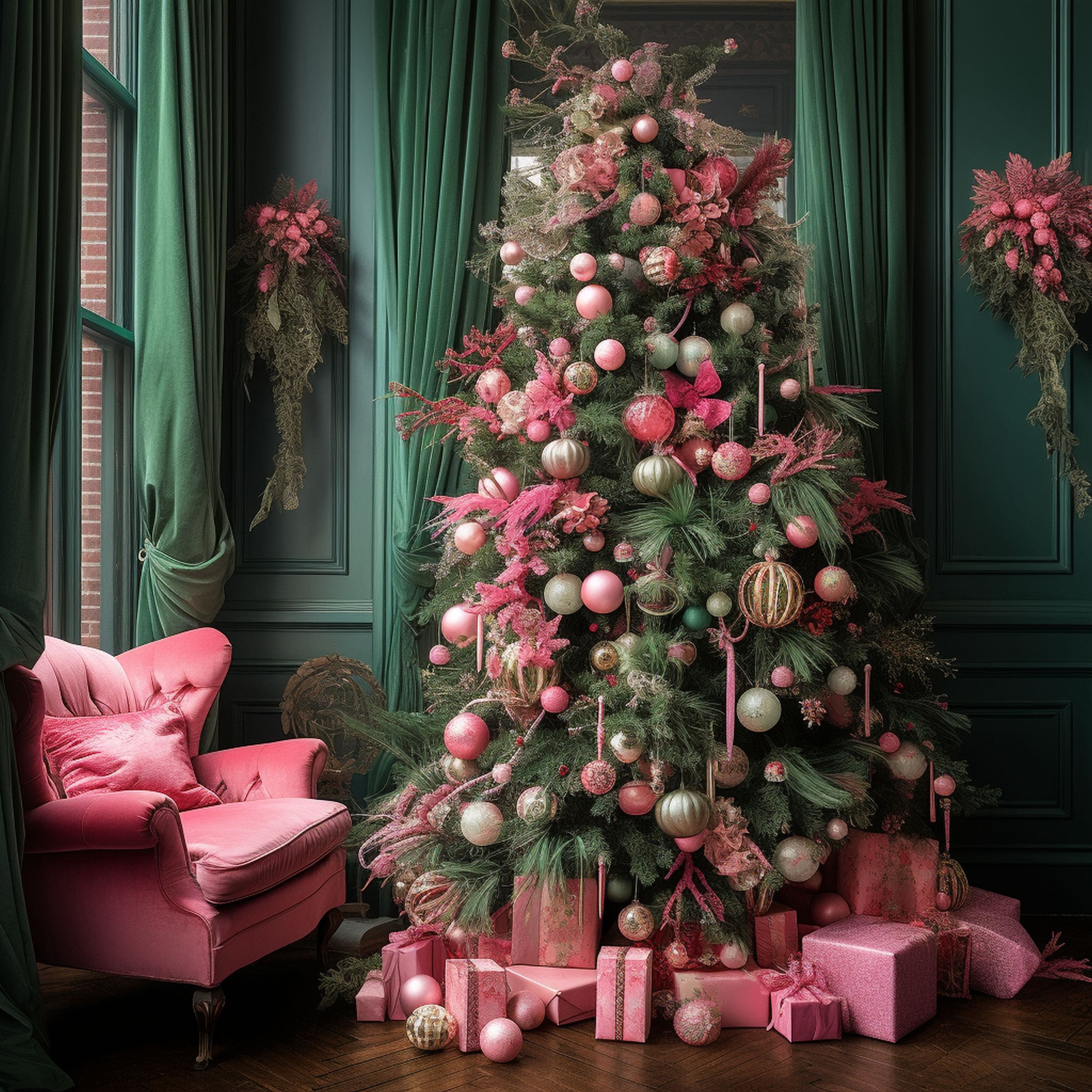 Christmas Tree Decorated With Pink and Green