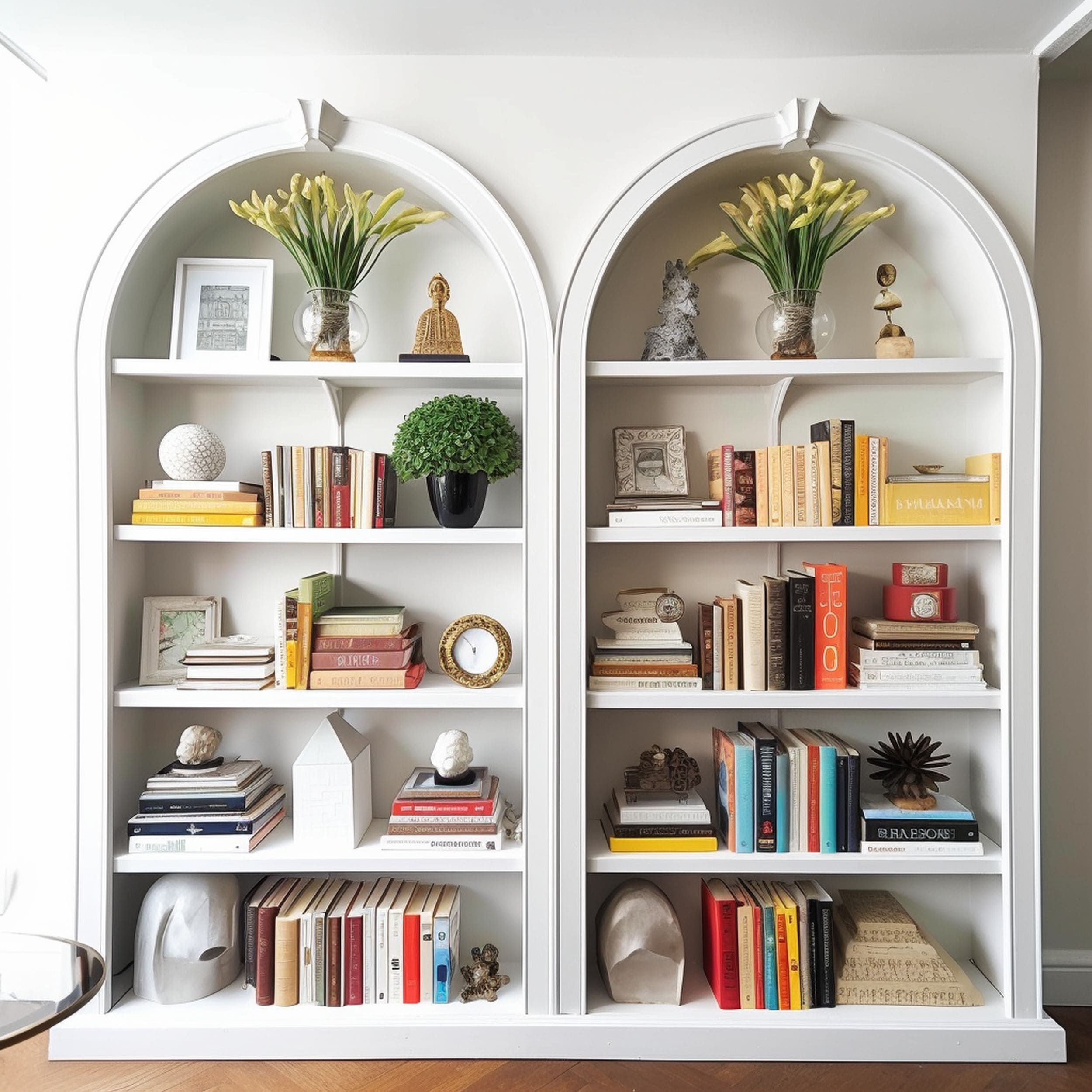 Arched Bookcases Displaying an Assortment of Decorations