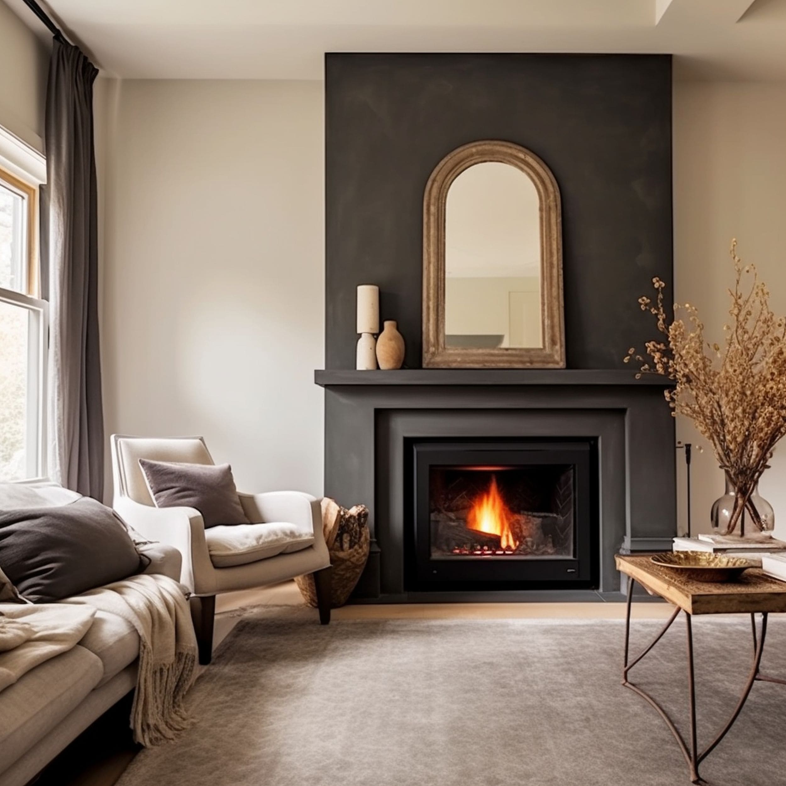 Cream Living Room With Dark Fireplace