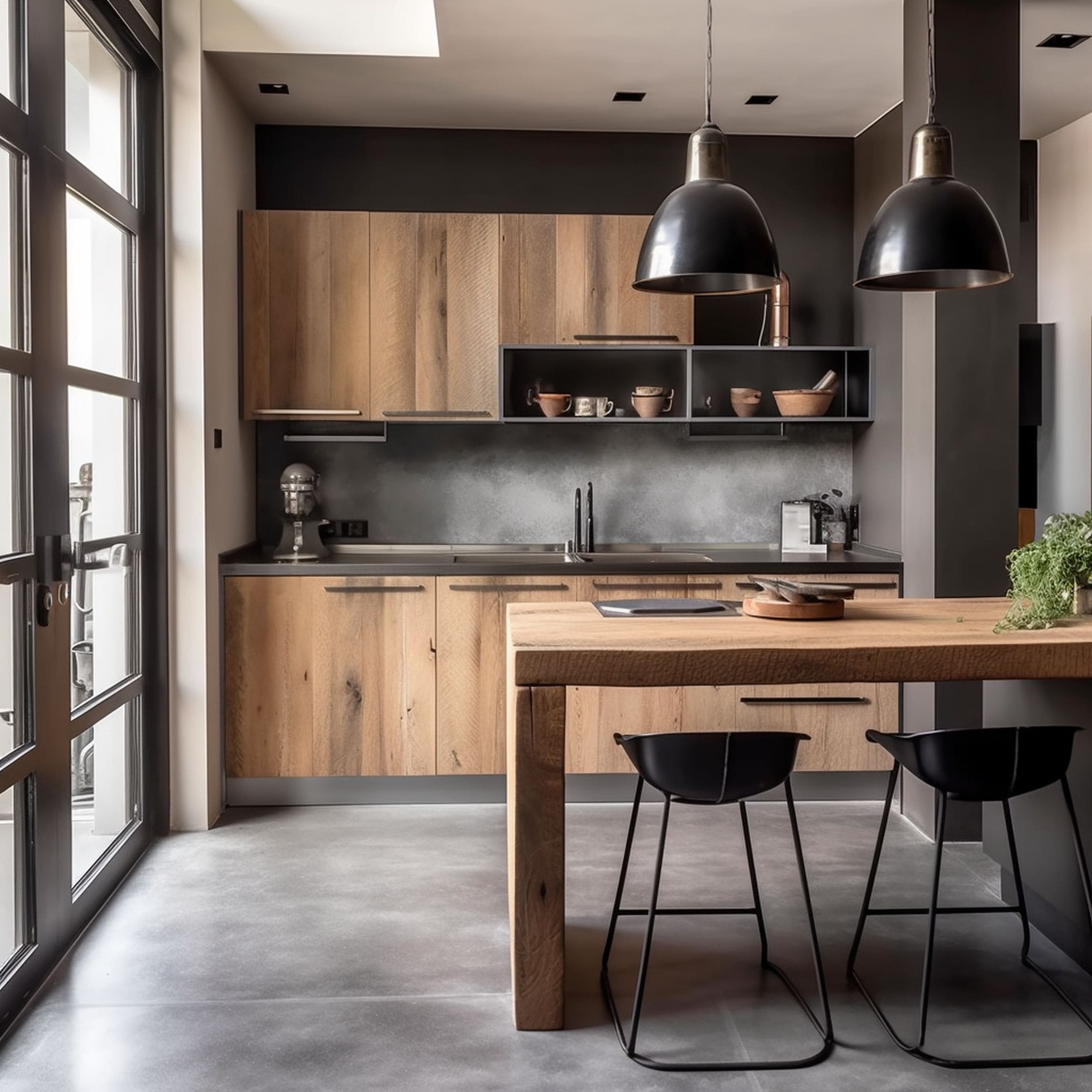 Industrial Kitchen With Oak Cabinets