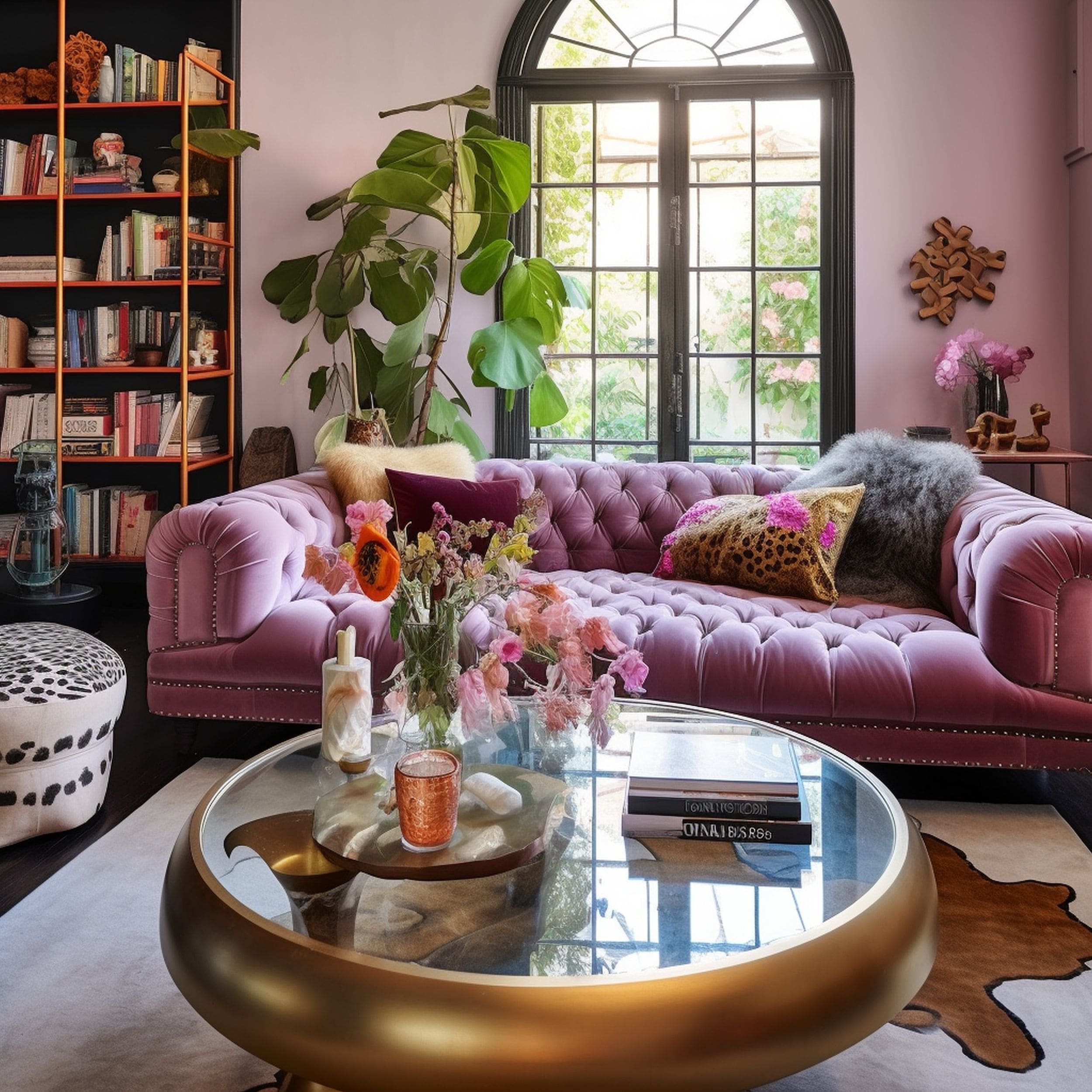 Mauve Couch Surrounded by Gold Accents