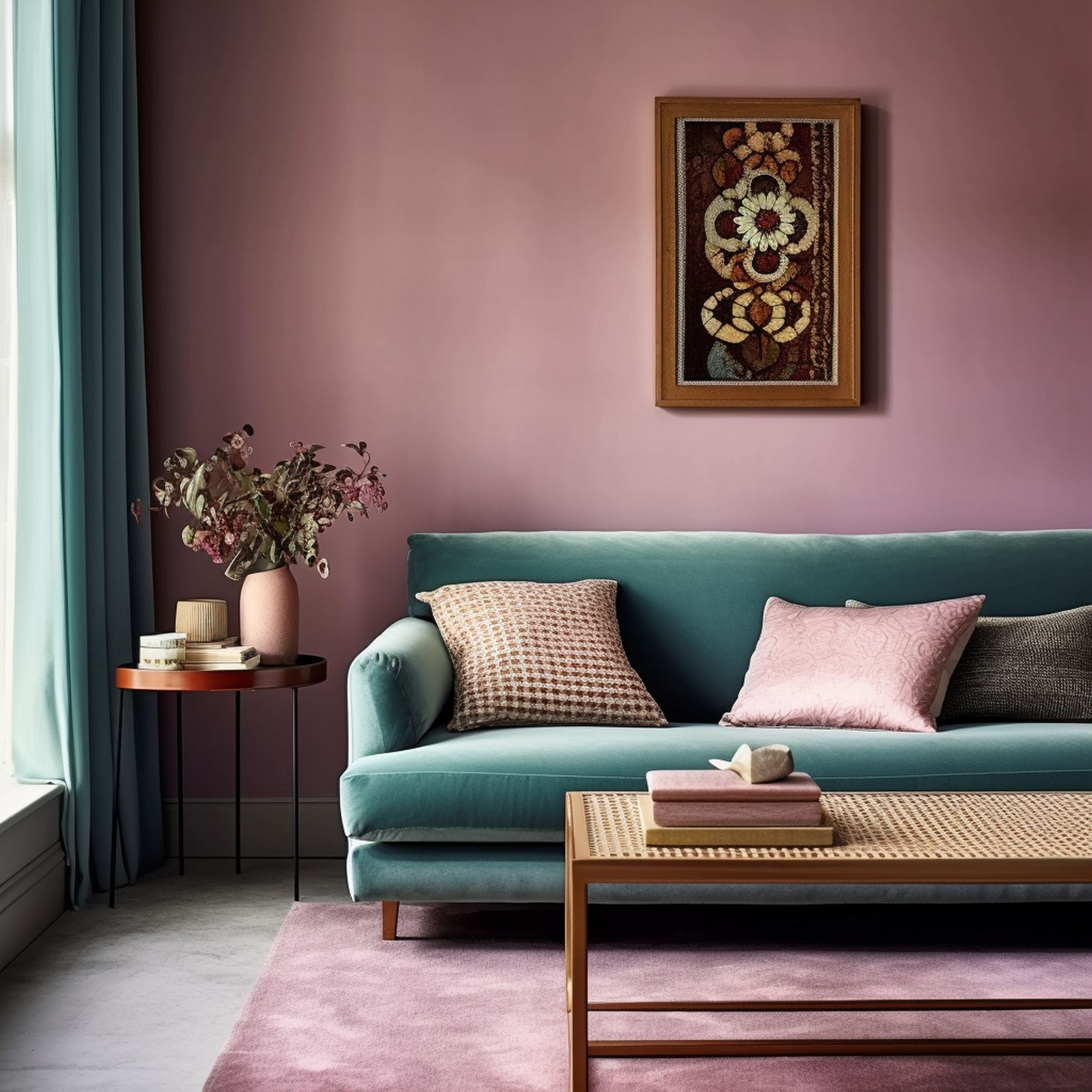 Mauve Living Room With Teal Couch
