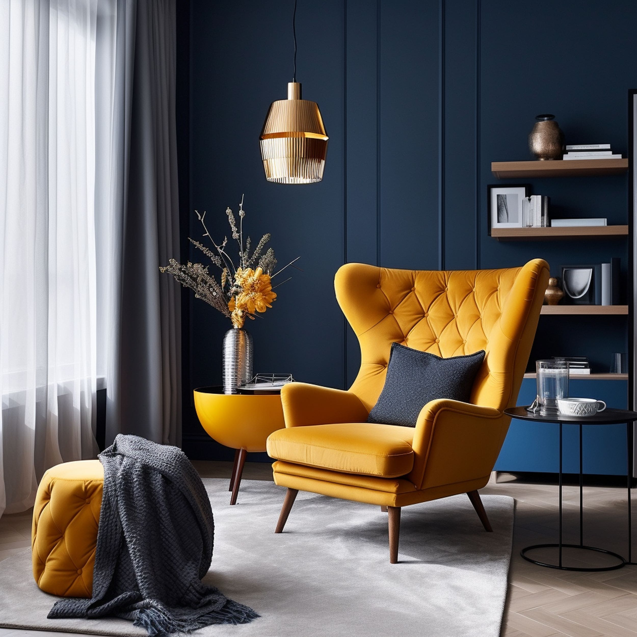 Navy Blue Living Room With Yellow Accent Chair