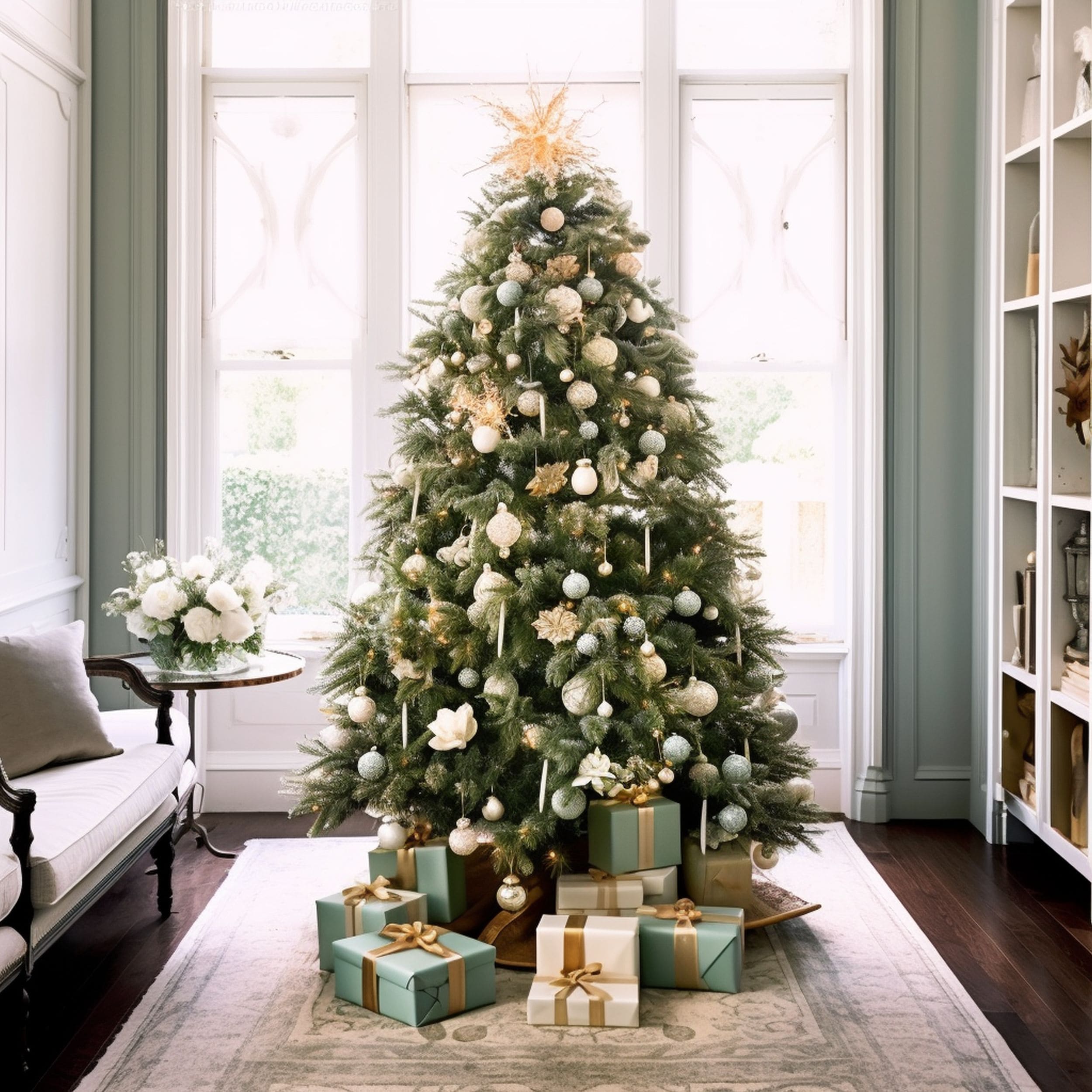 Christmas Tree Decorated With Sage Green and Ivory Globes
