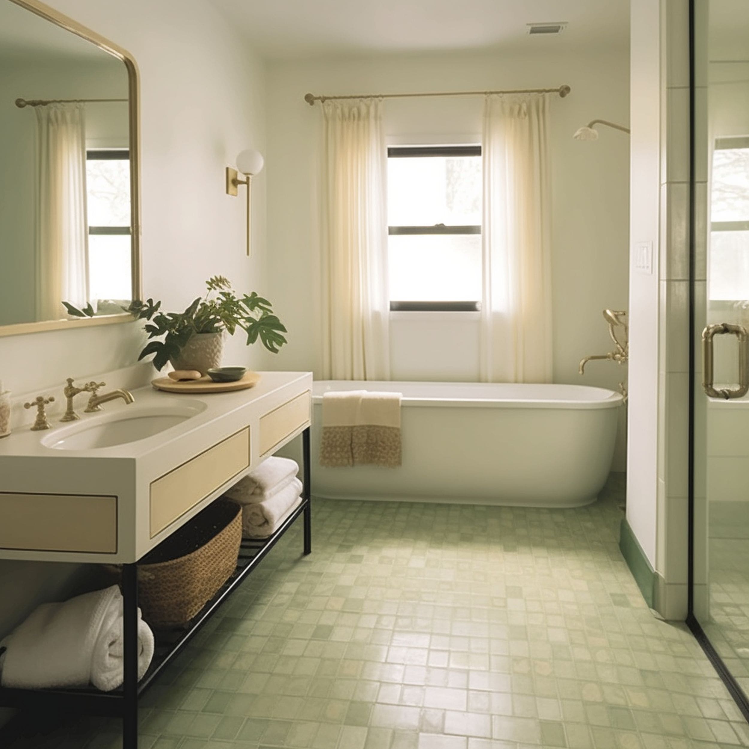 Cream Bathroom With Sage Green Floor