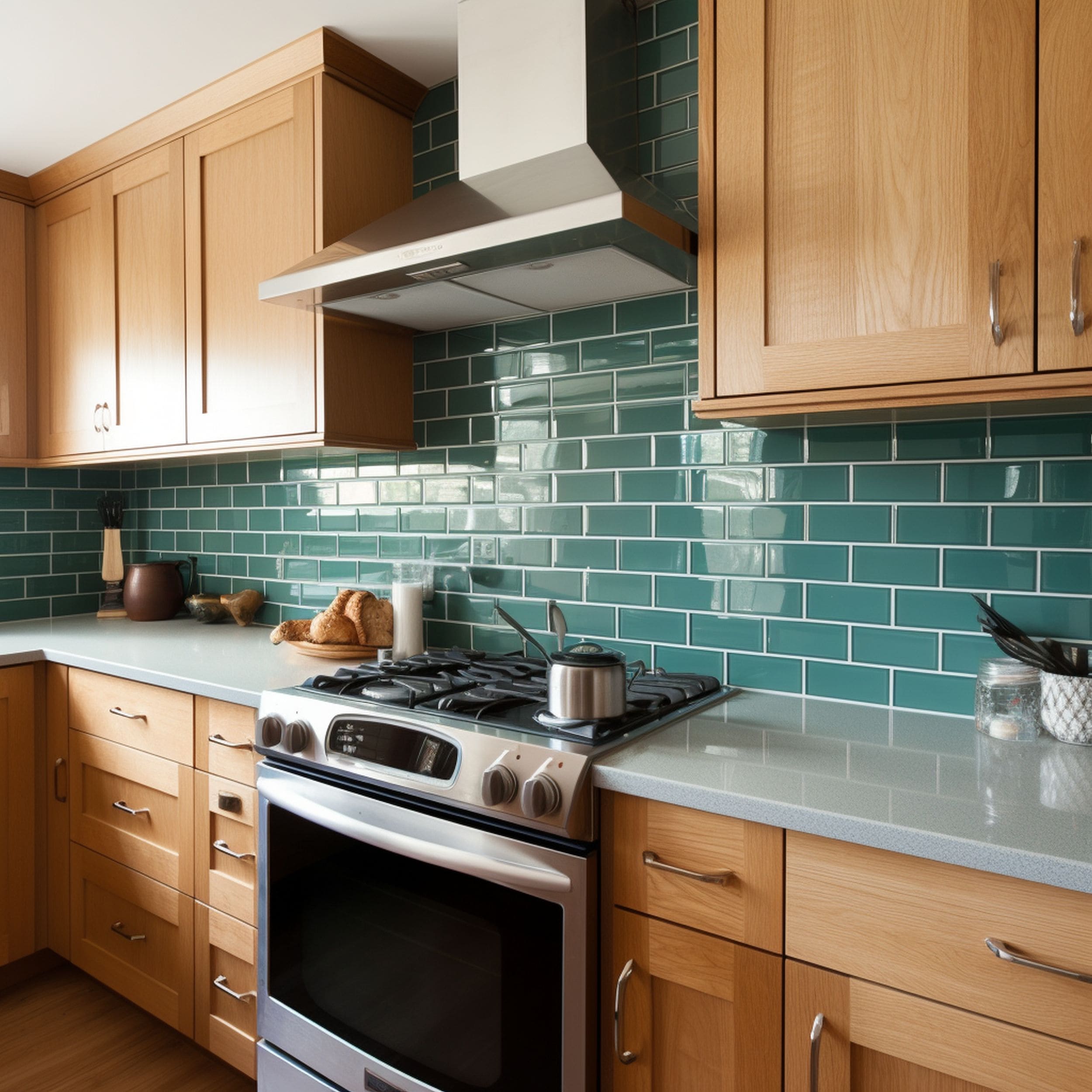 Kitchen With Oak Cabinets And Teal Green Backsplash