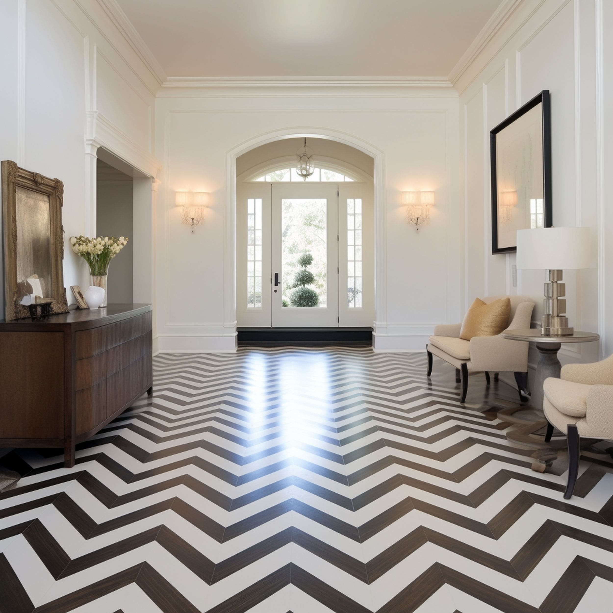 Large Entryway With Chevron Patterned Floor