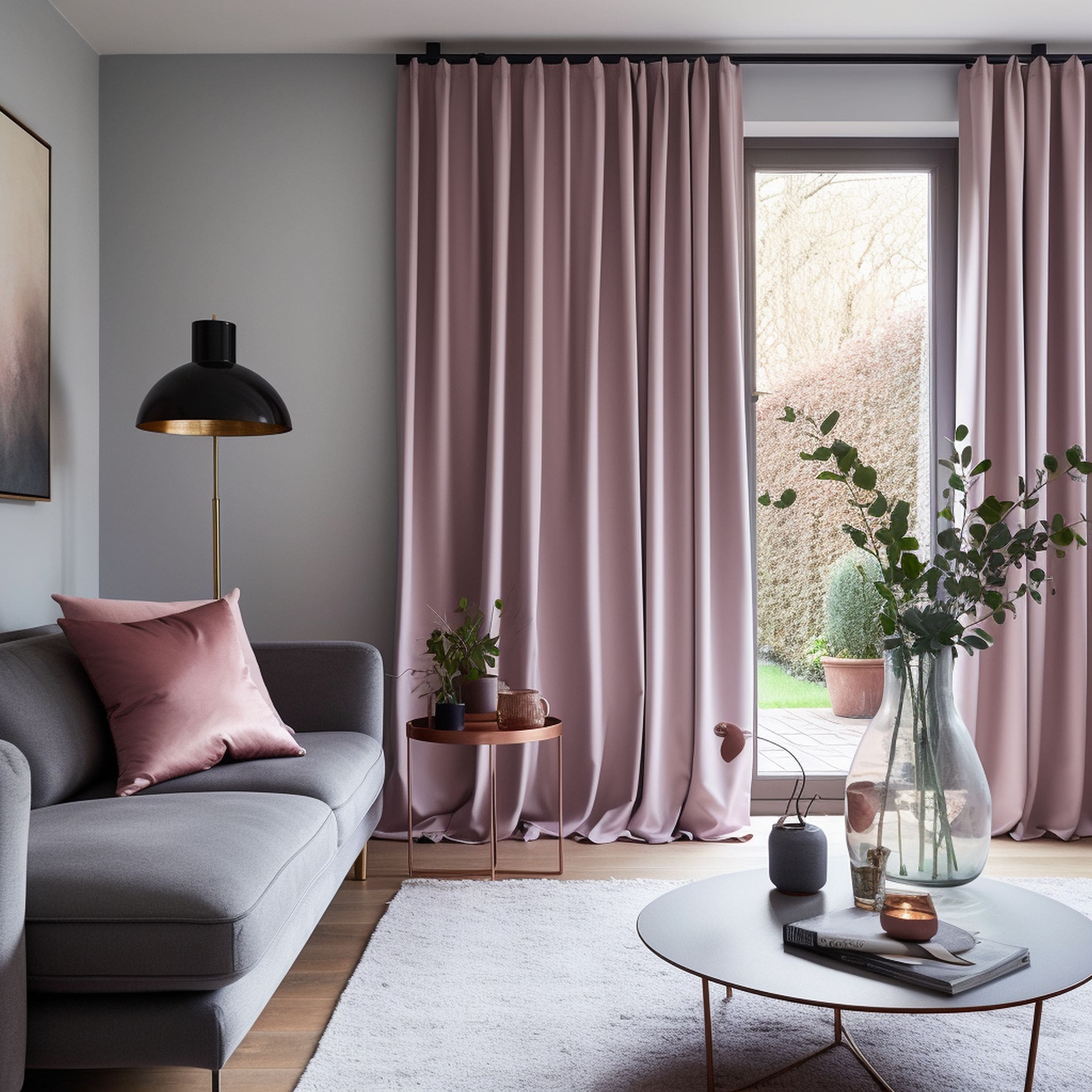 Mauve Curtains in Simple Gray Living Room