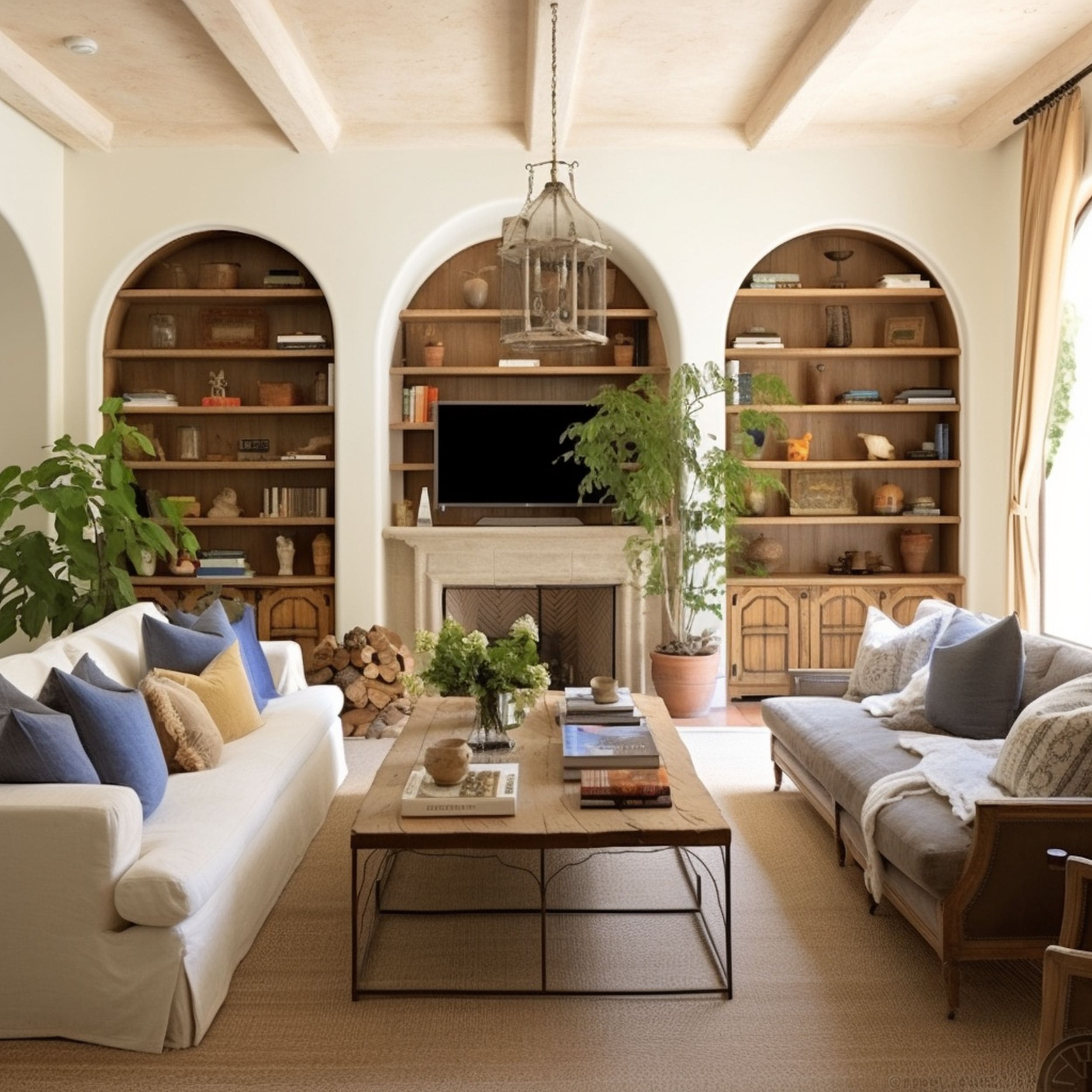 Arched Bookcase in Mediterranean Style Living Room
