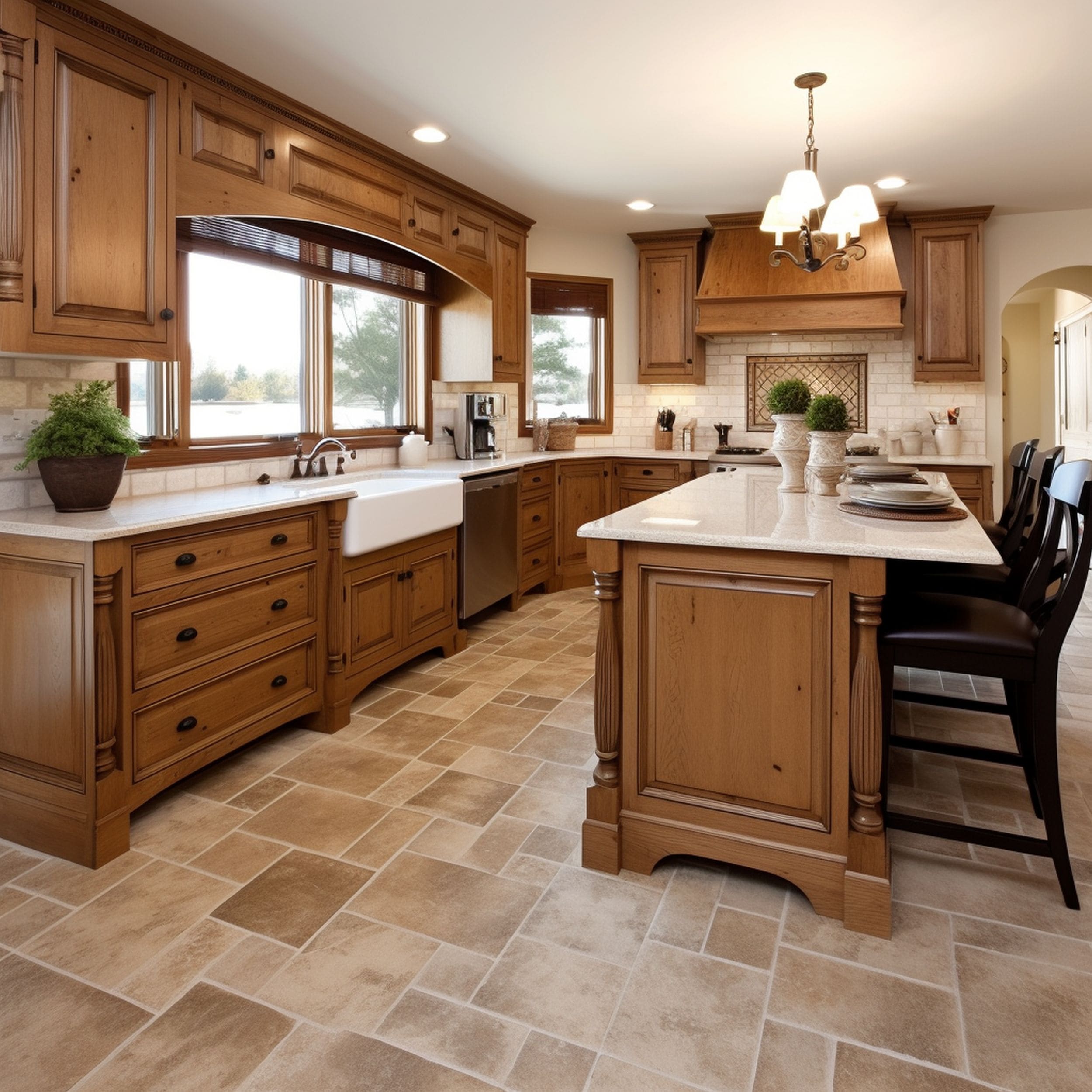 Kitchen With Oak Cabinets and Stone Floor