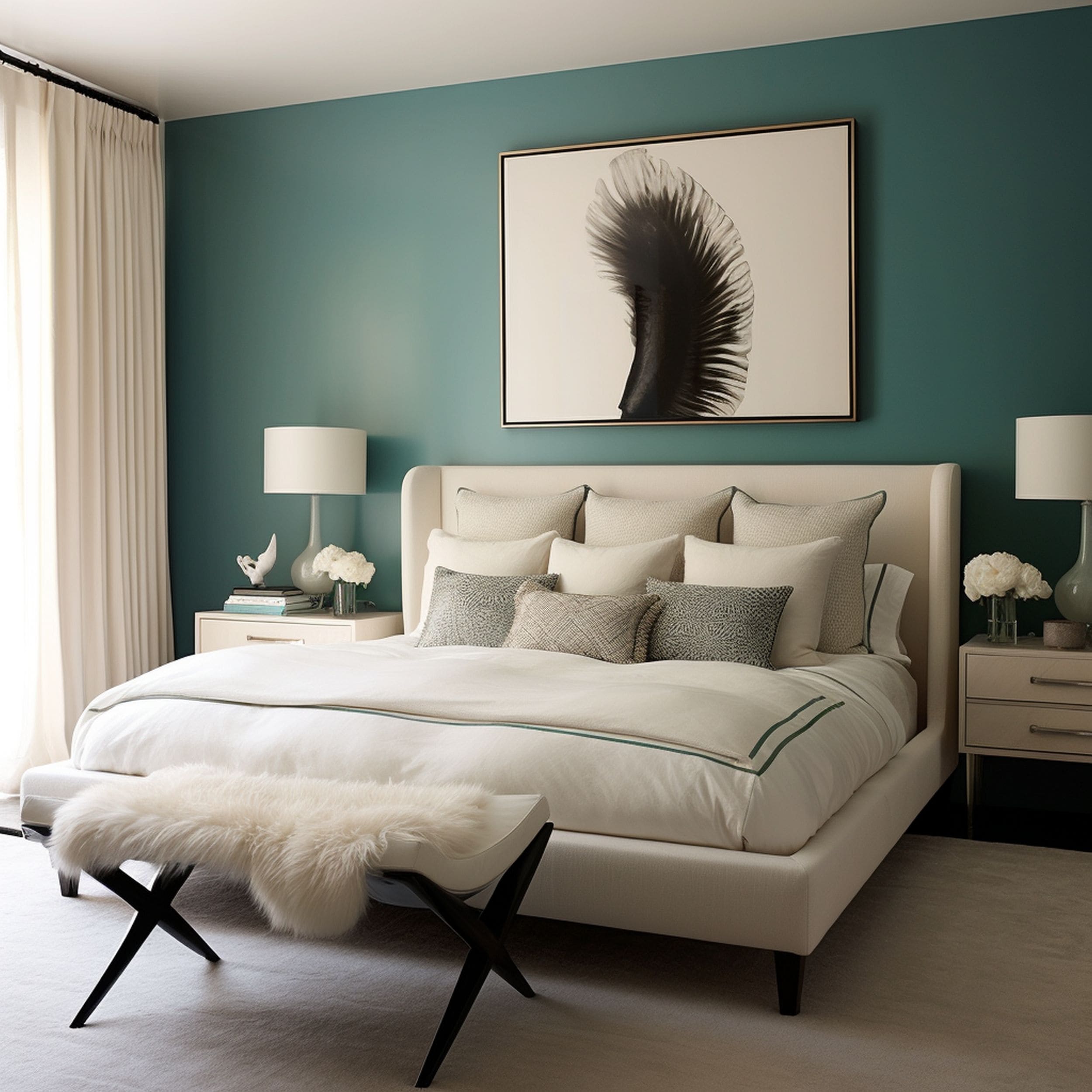 Off White Bedroom With Teal Accent Wall