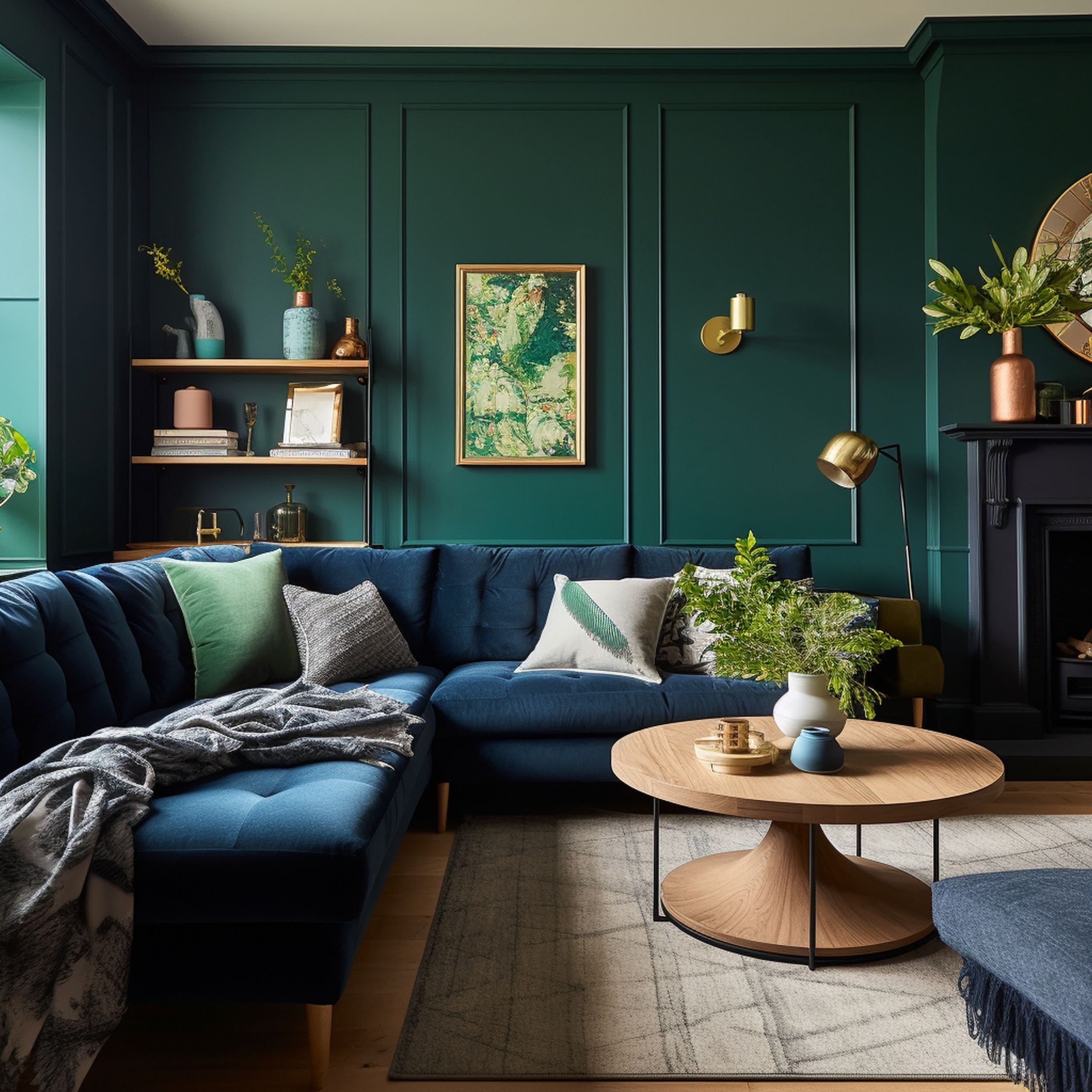 Navy Blue and Green Living Room
