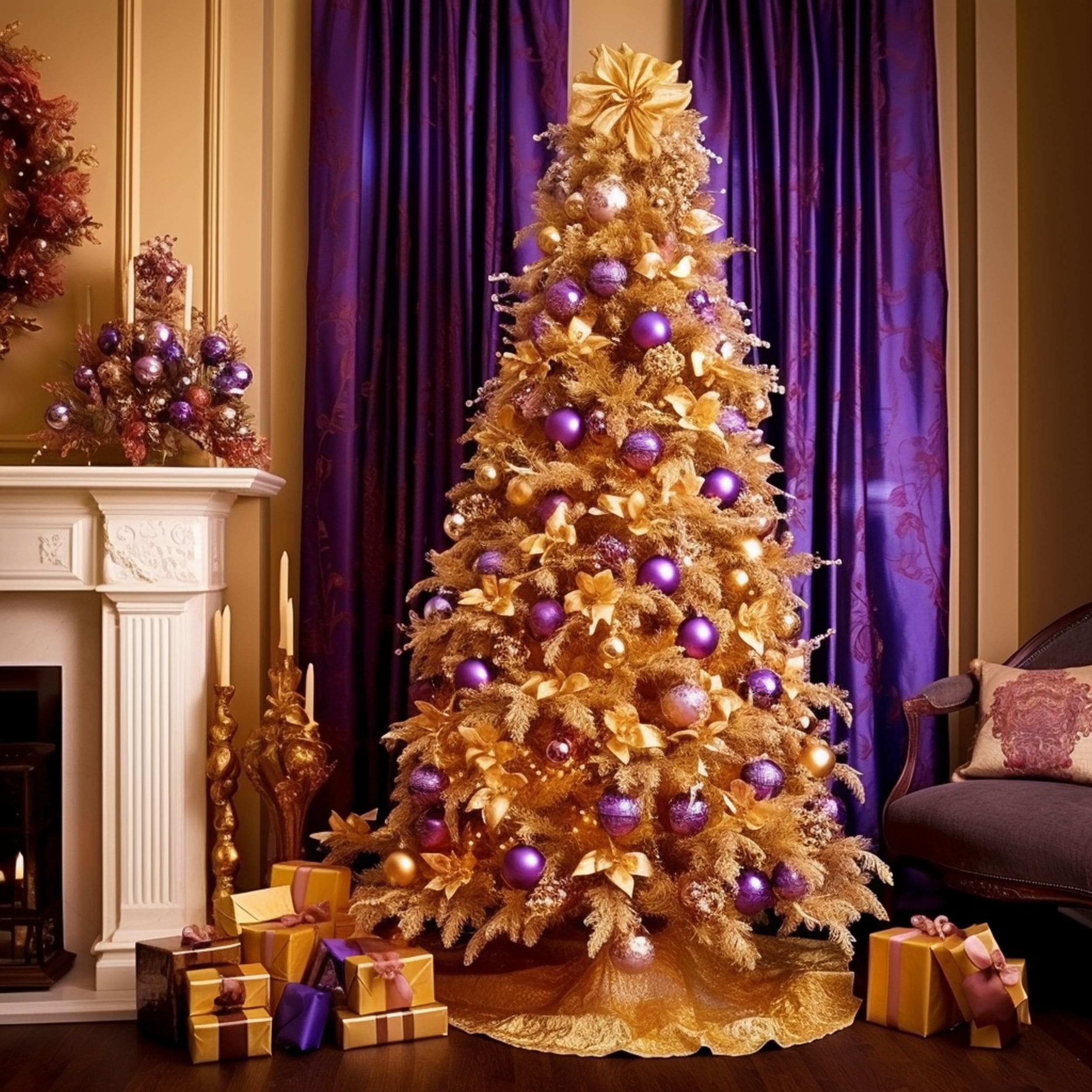 Christmas Tree Decorated With Gold and Purple
