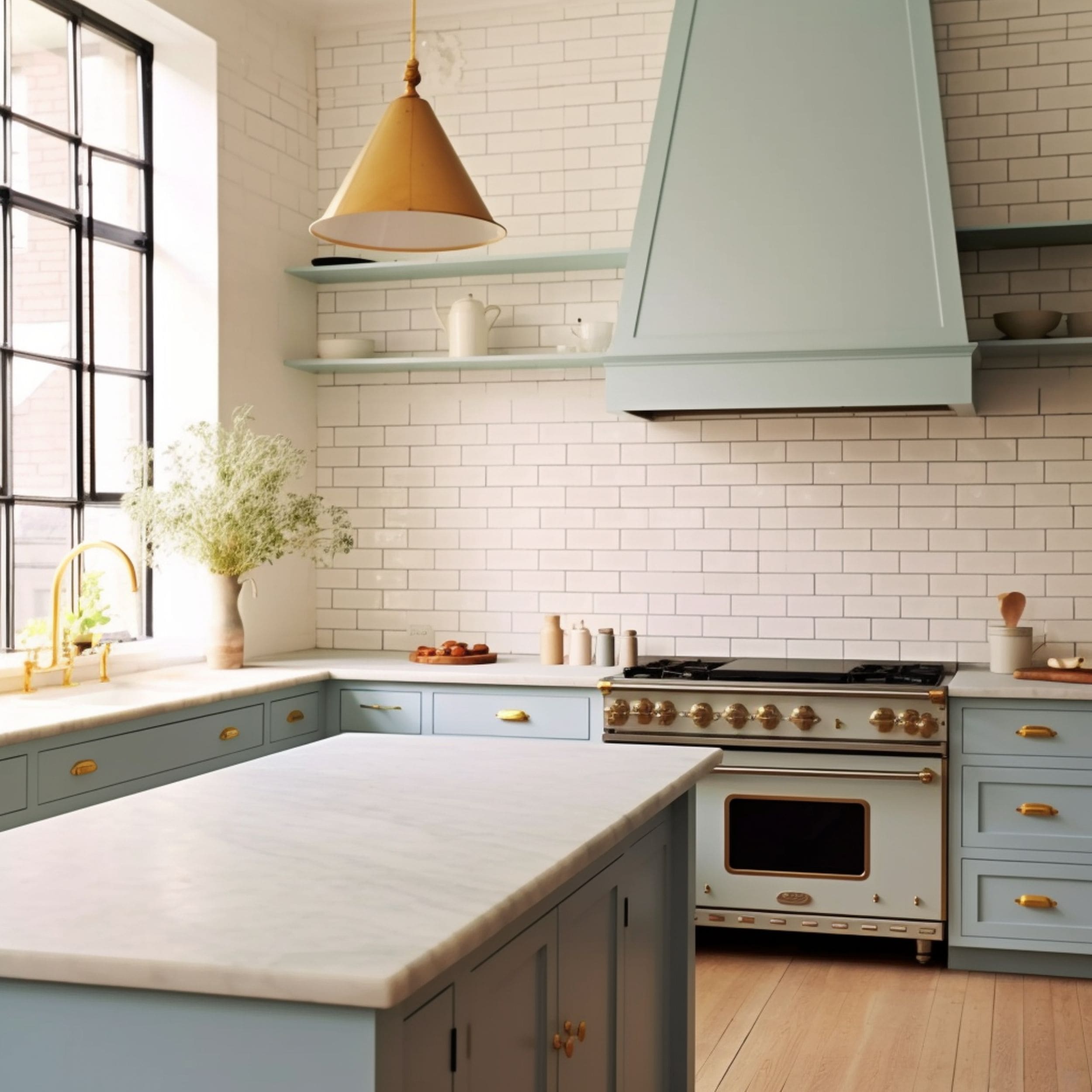 Cream Kitchen With Pastel Blue Cabinets
