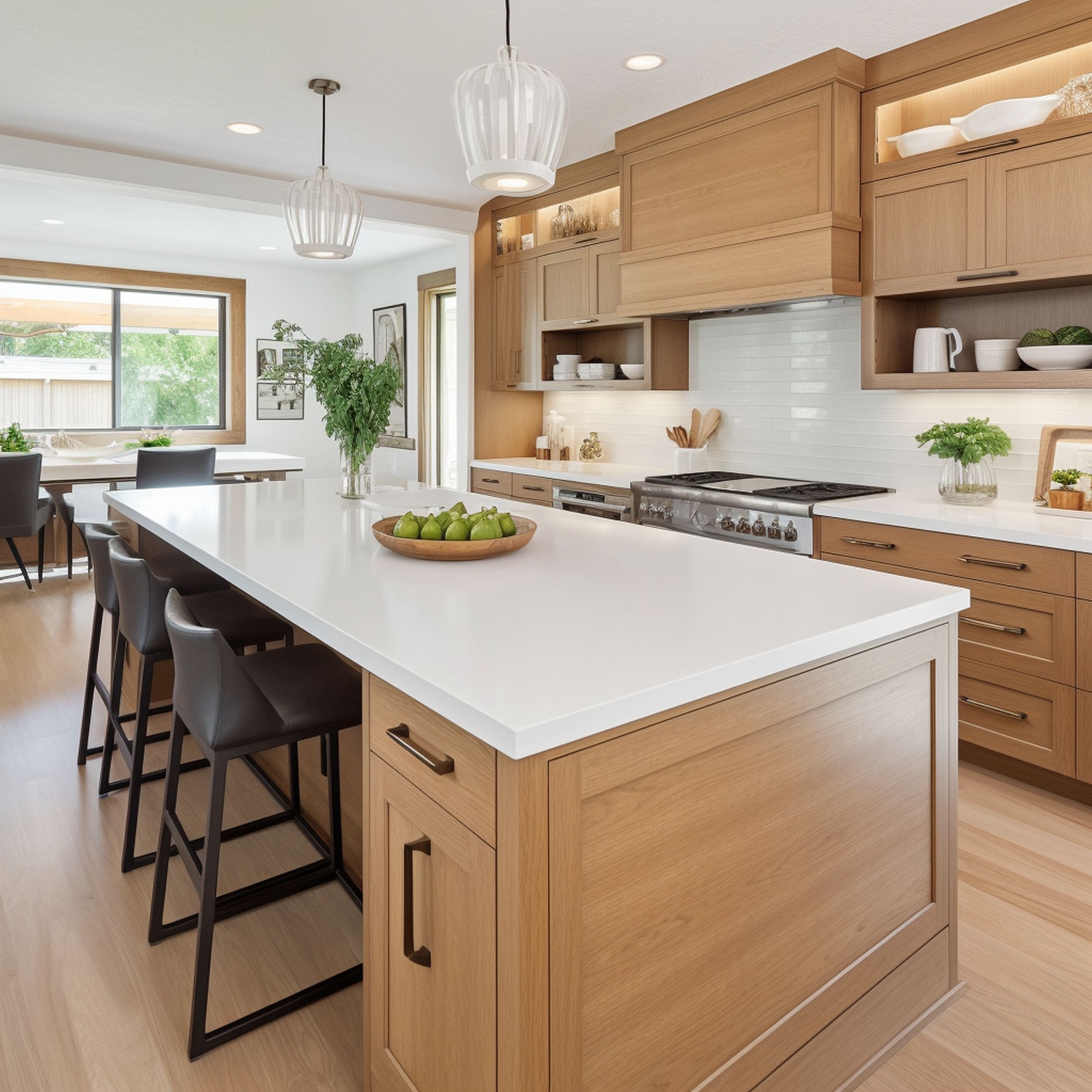 Modern Kitchen With Quartz Countertops and Oak Cabinets