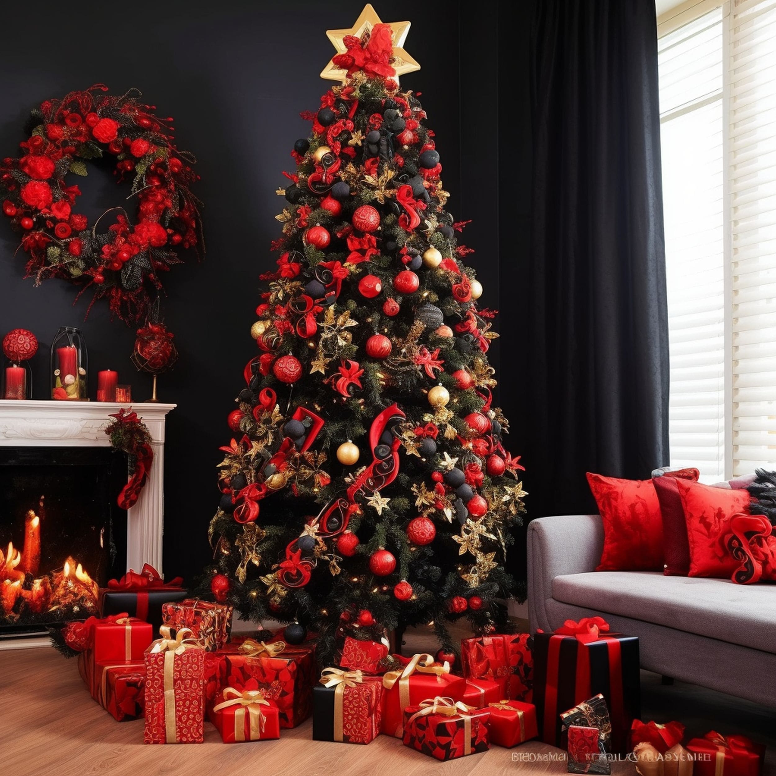 Christmas Tree Decorated With Black and Red