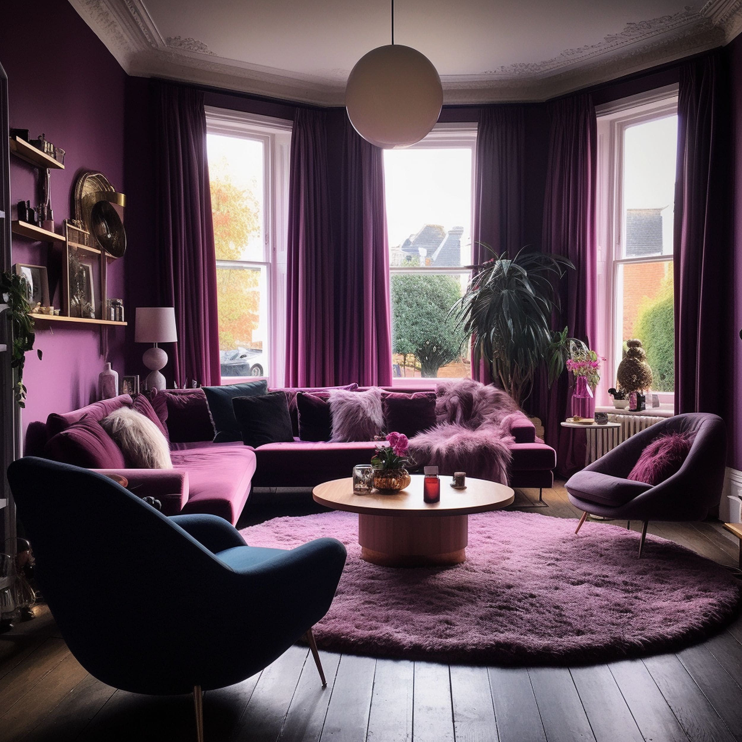 Living Room Featuring Mauve and Other Purple Tones