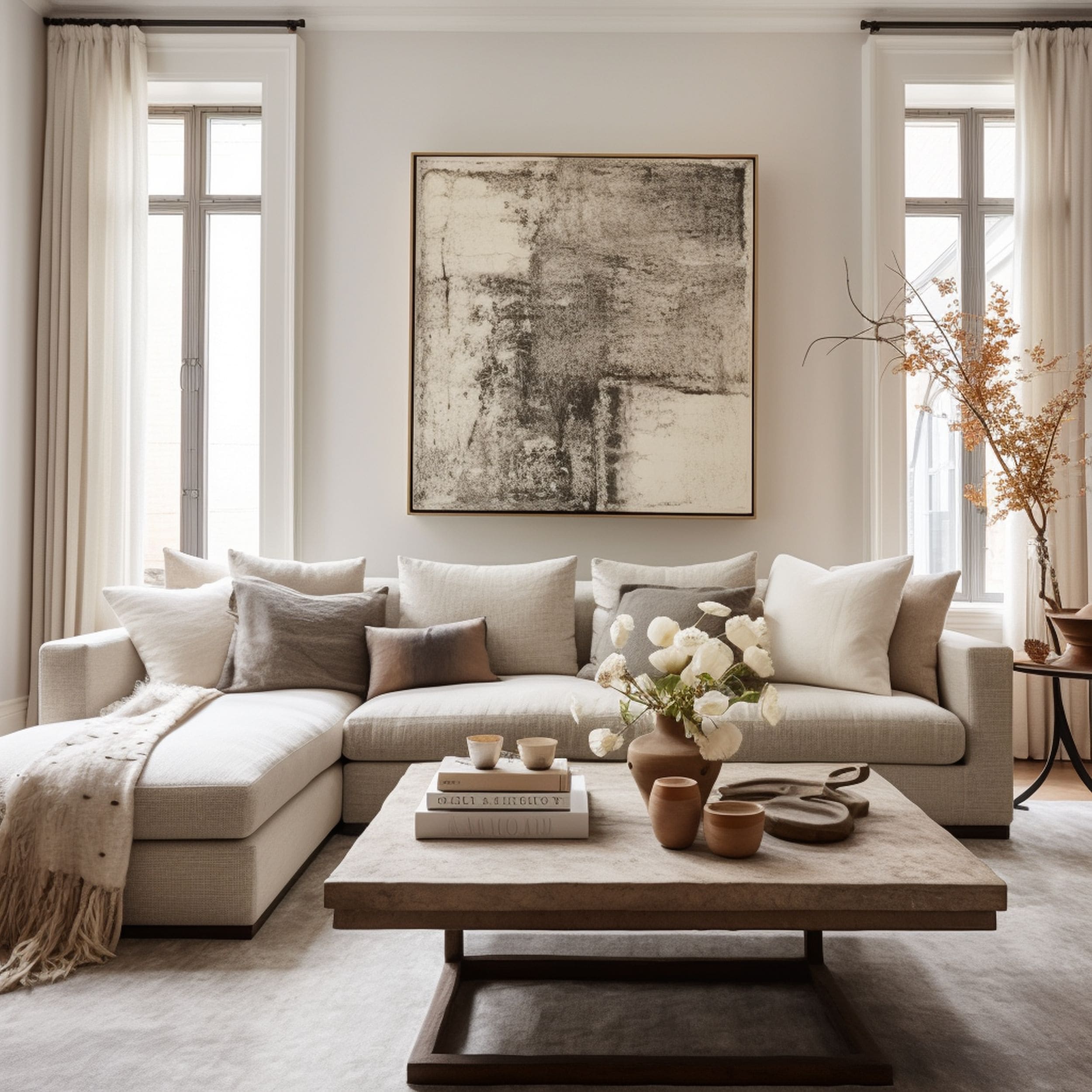 Off White Living Room With Pale Gray Couch