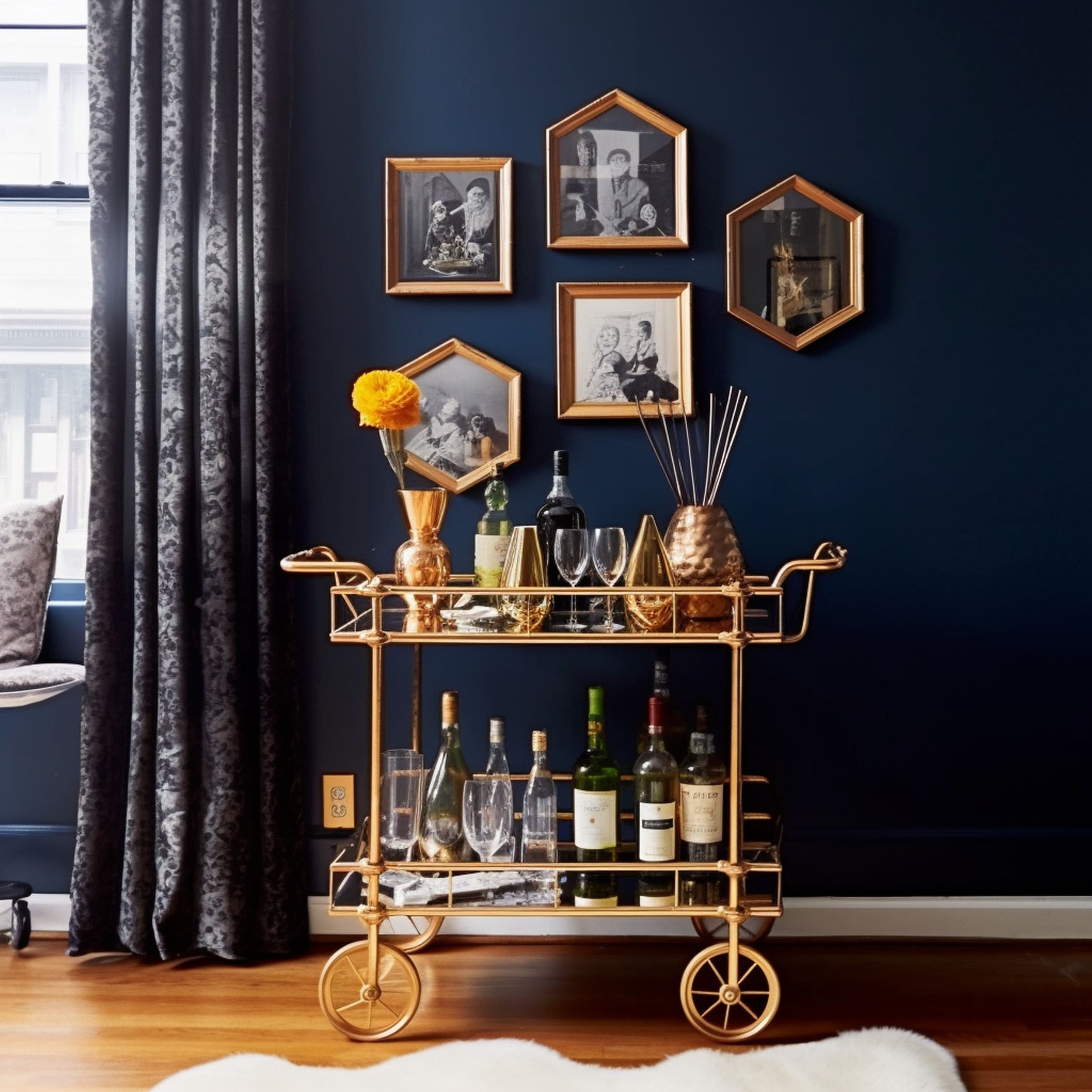 Golden Bar Cart Against Navy Blue Wall