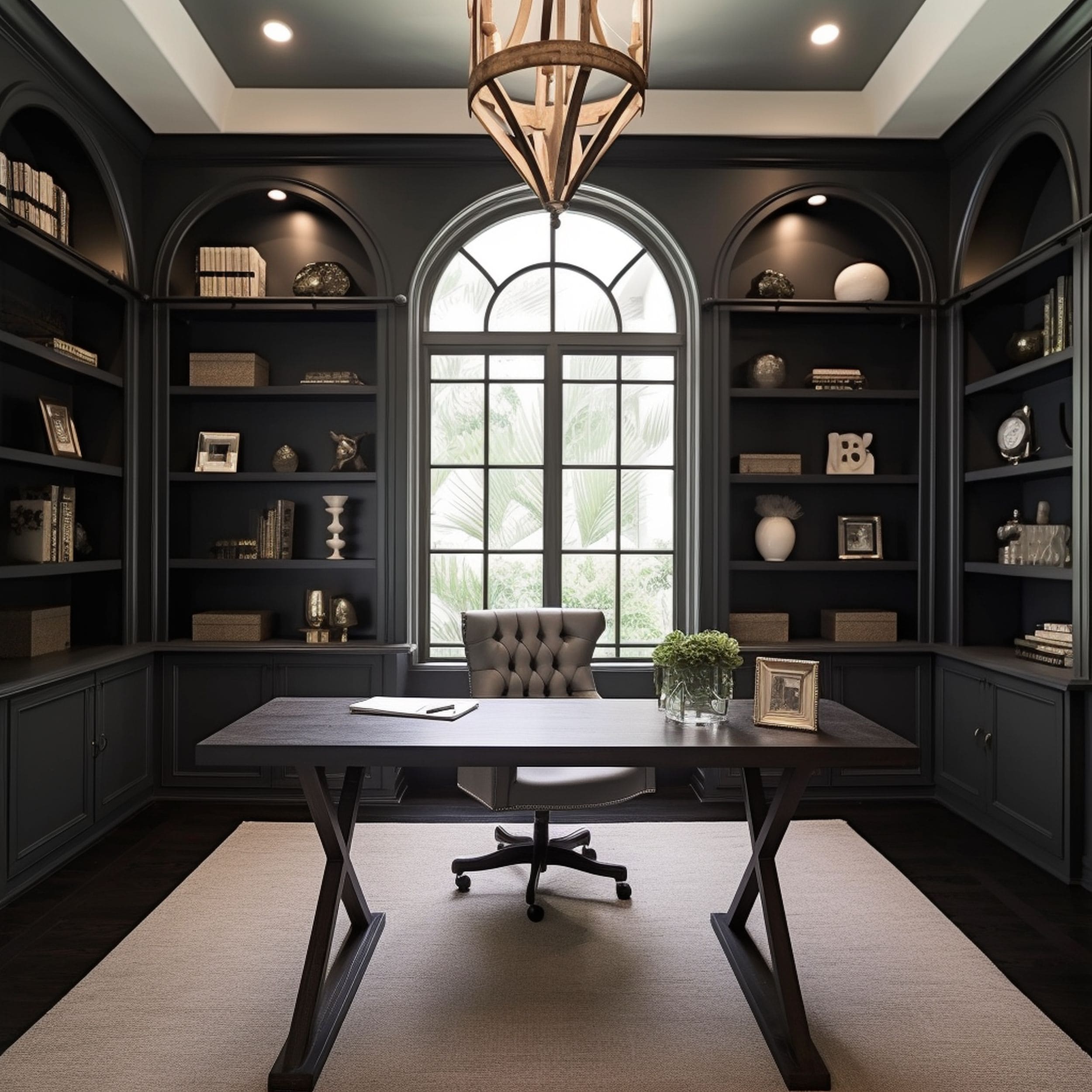 Home Office Featuring Multiple Arched Bookcases