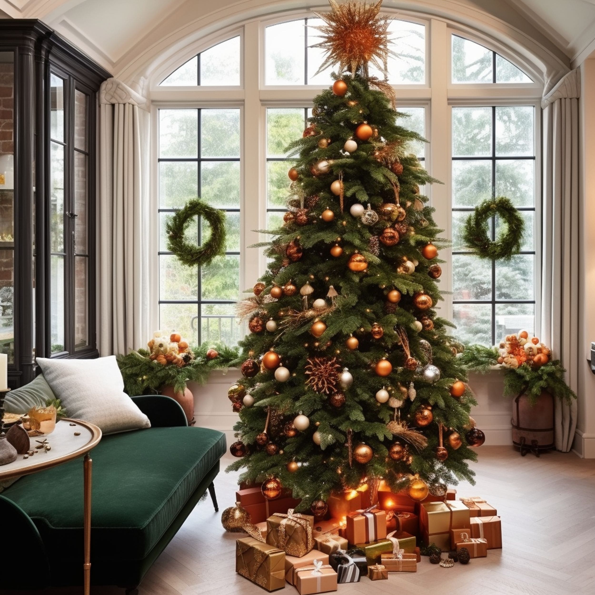 Christmas Tree Decorated With Copper Colored Globes
