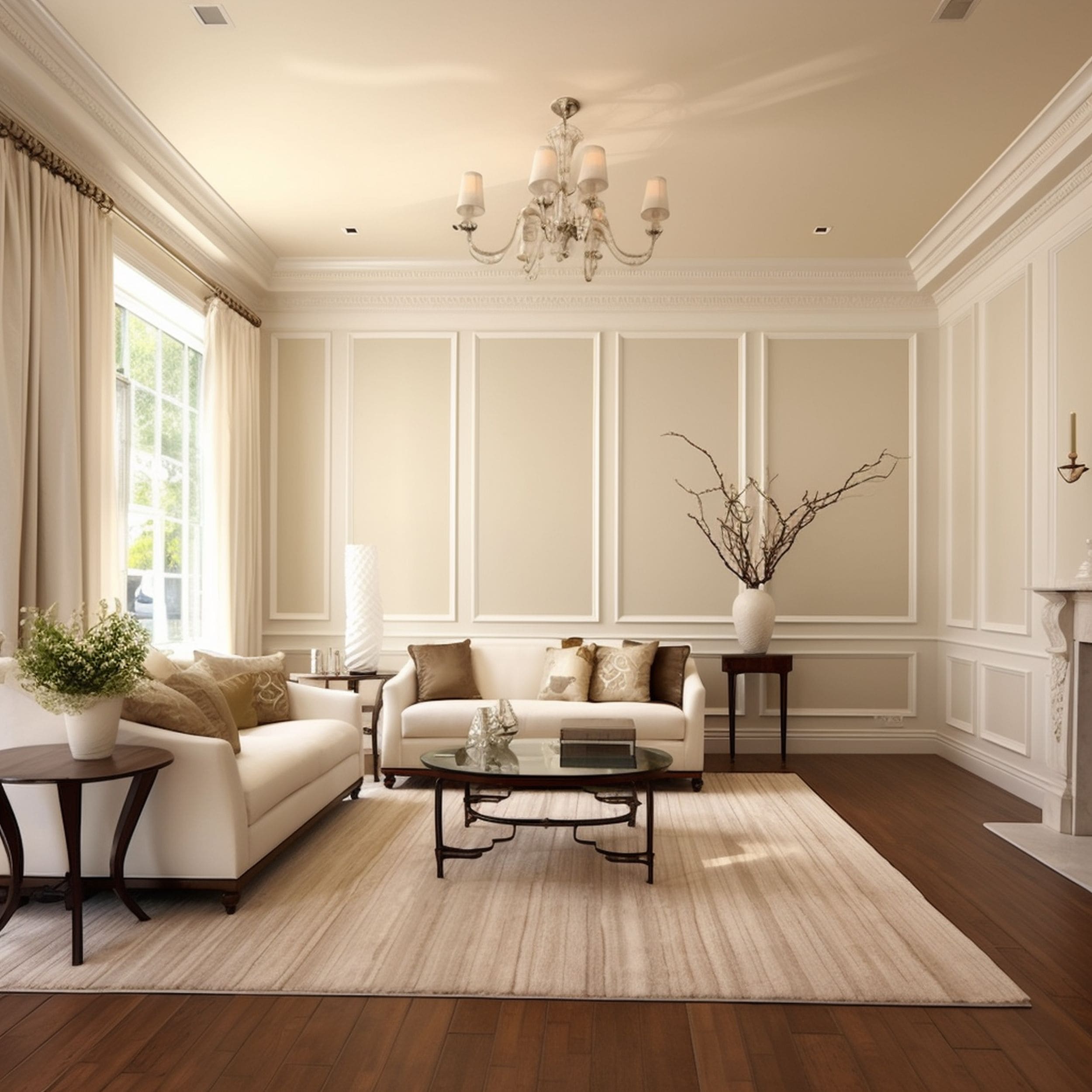 Cream and White Living Room With Wall Paneling