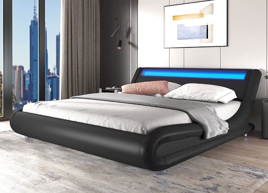 Upholstered Modern Bed Frame With LED Headboard
