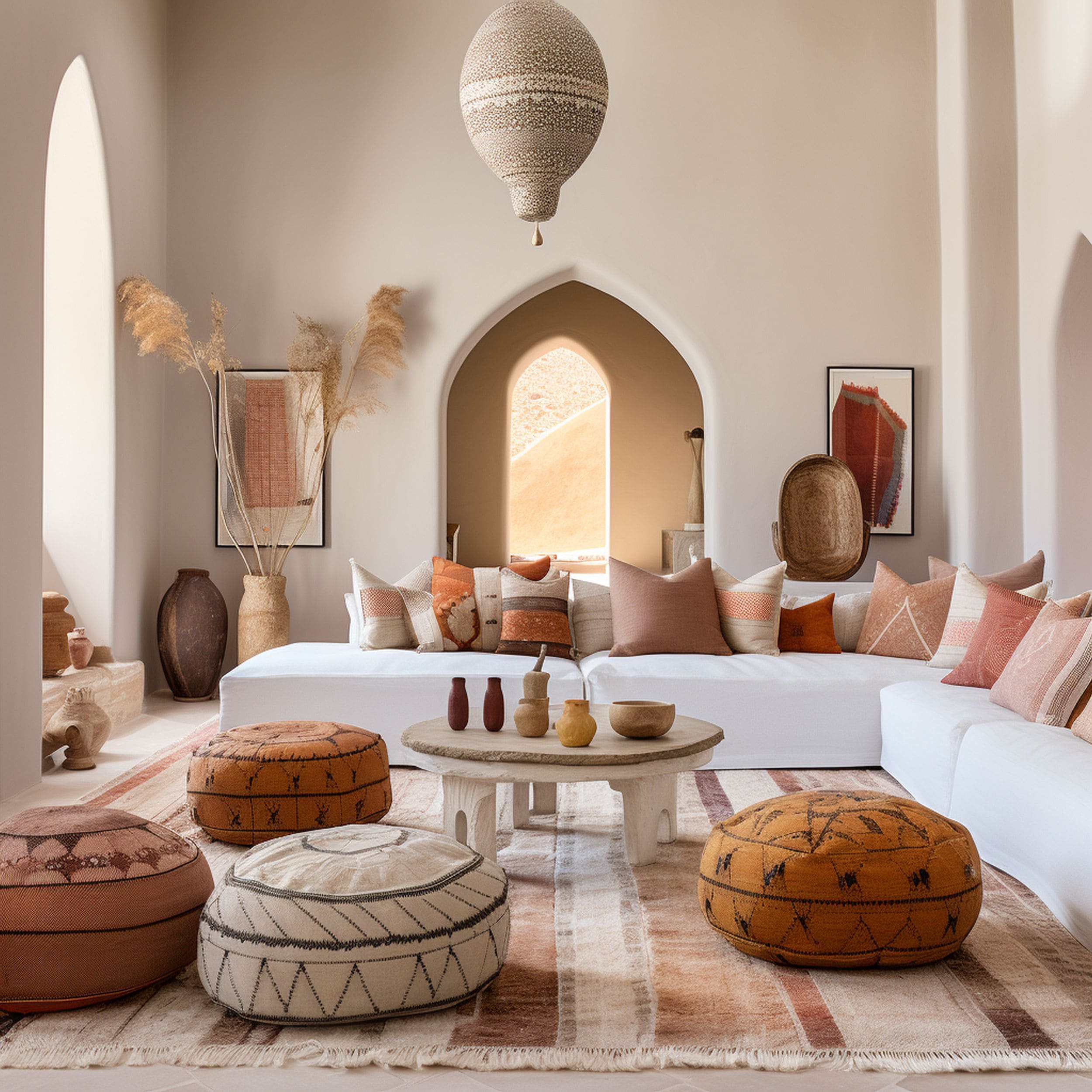Desert Inspired Living Room With Moroccan Poufs