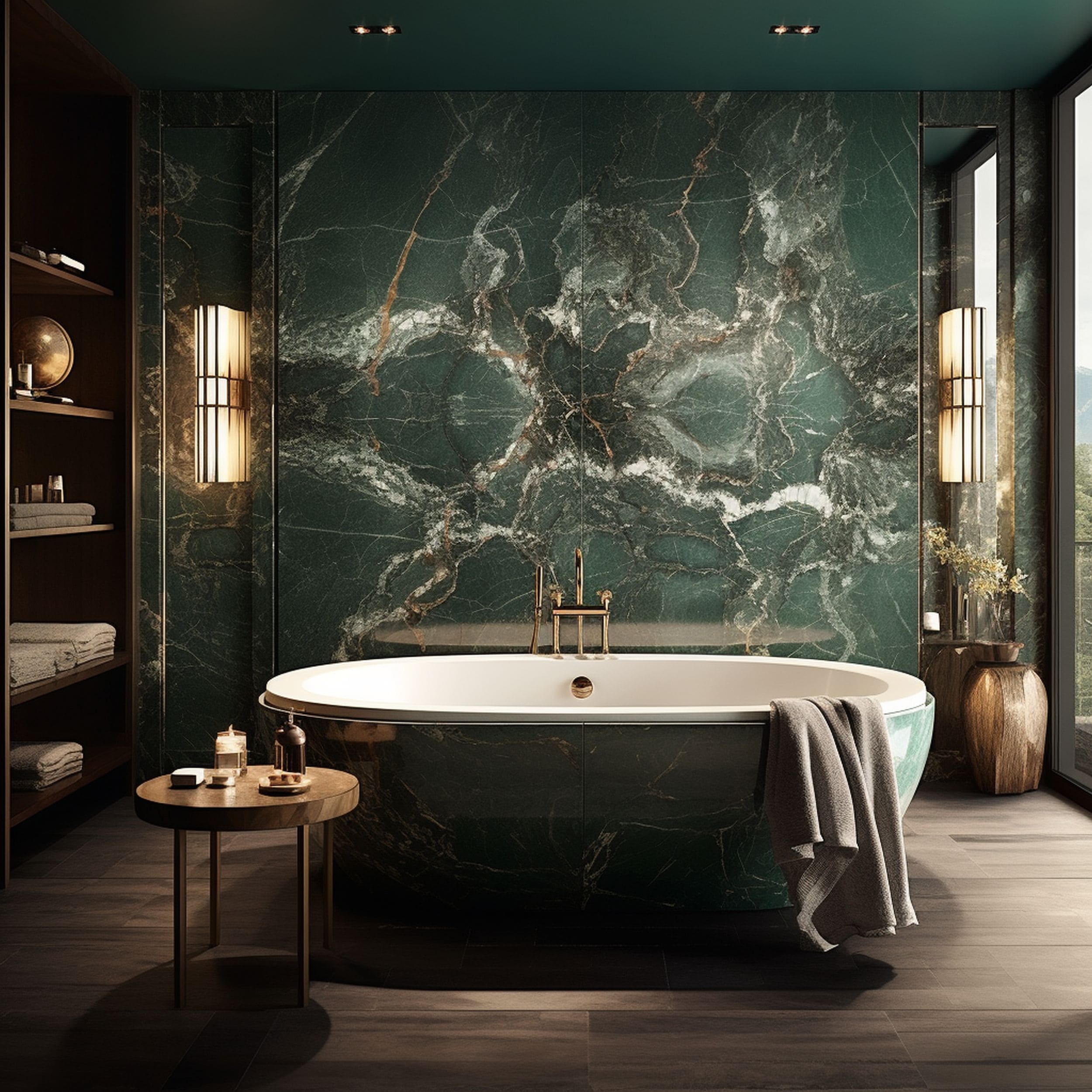Green Marble Accent Wall and Bathtub