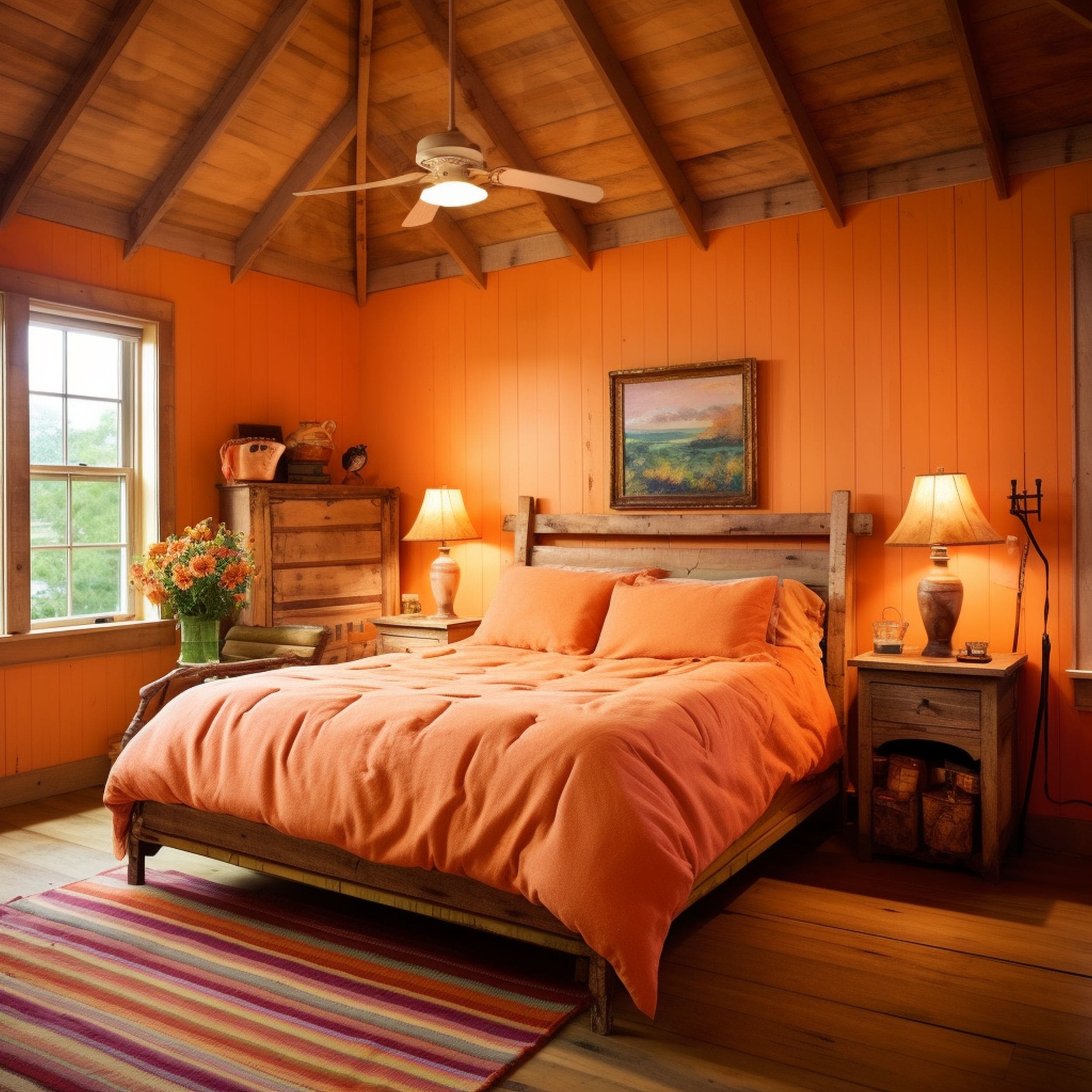 Orange Bedroom With Wood Accents